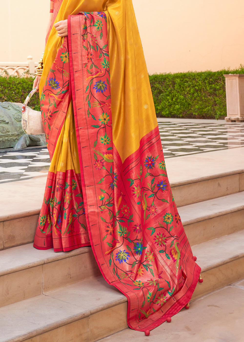 Yellow & Red Paithani Printed Silk Saree - qivii