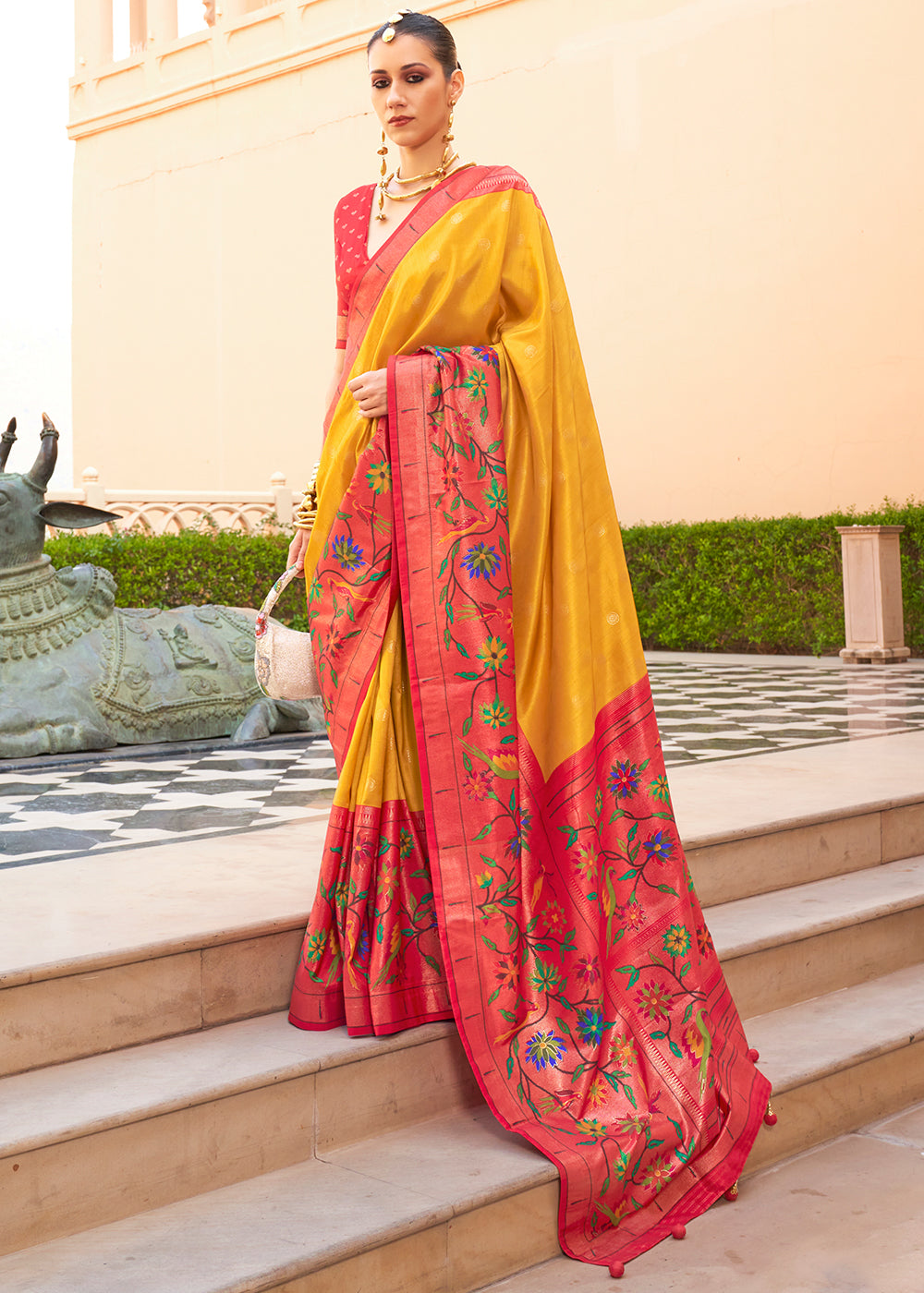 Yellow & Red Paithani Printed Silk Saree - qivii