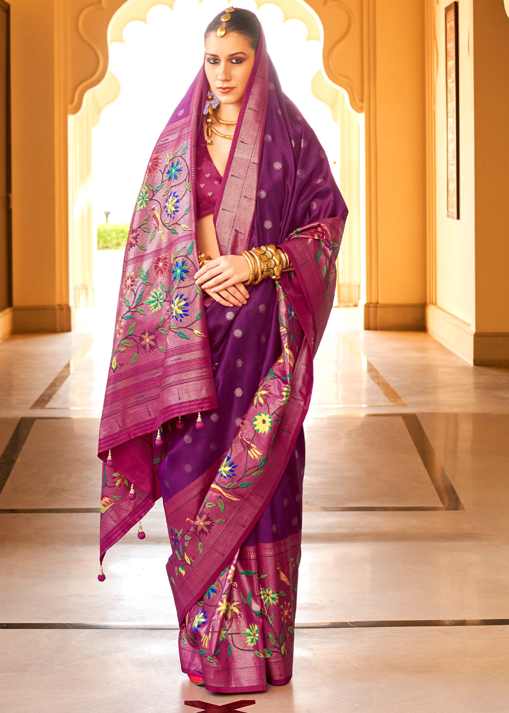 Purple & Pink Paithani Printed Silk Saree - qivii