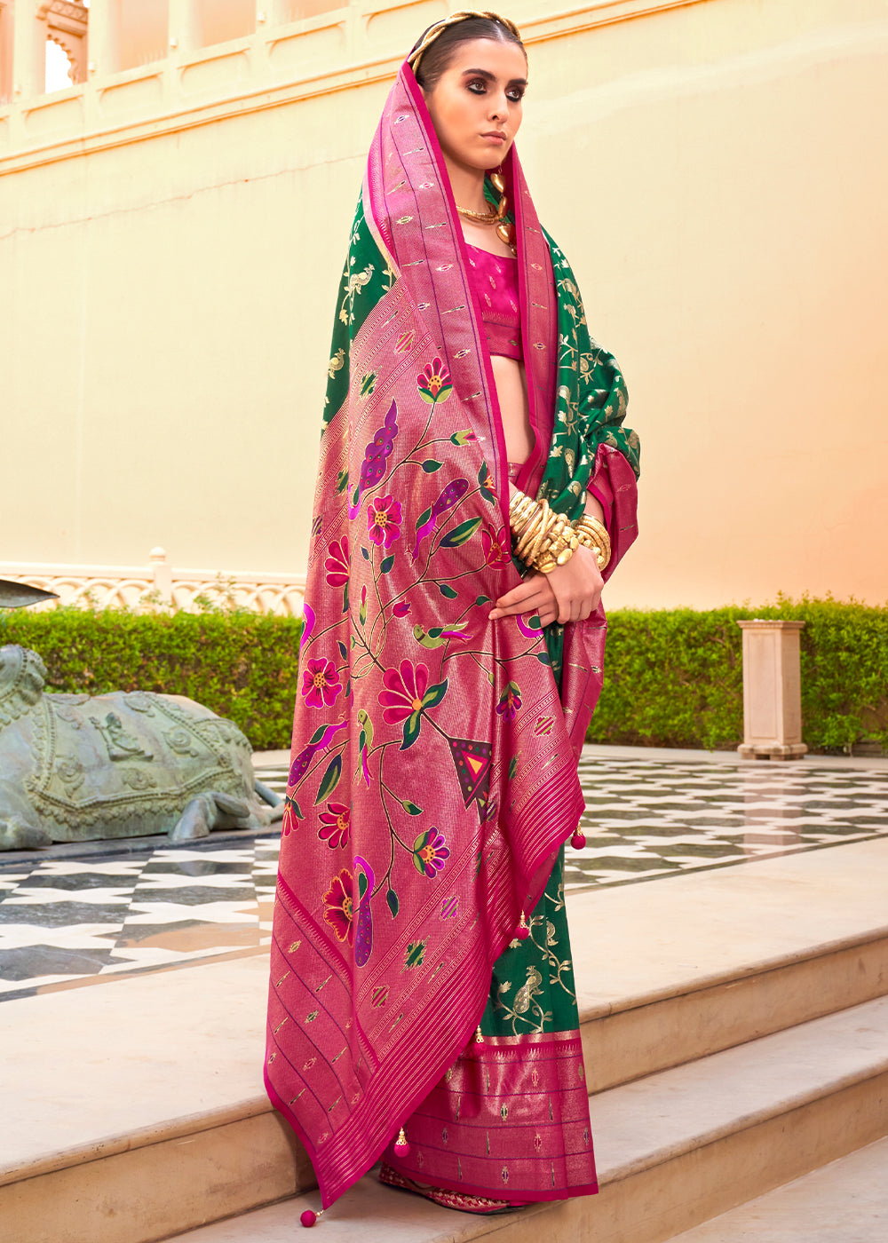 Green & Pink Paithani Printed Silk Saree - qivii