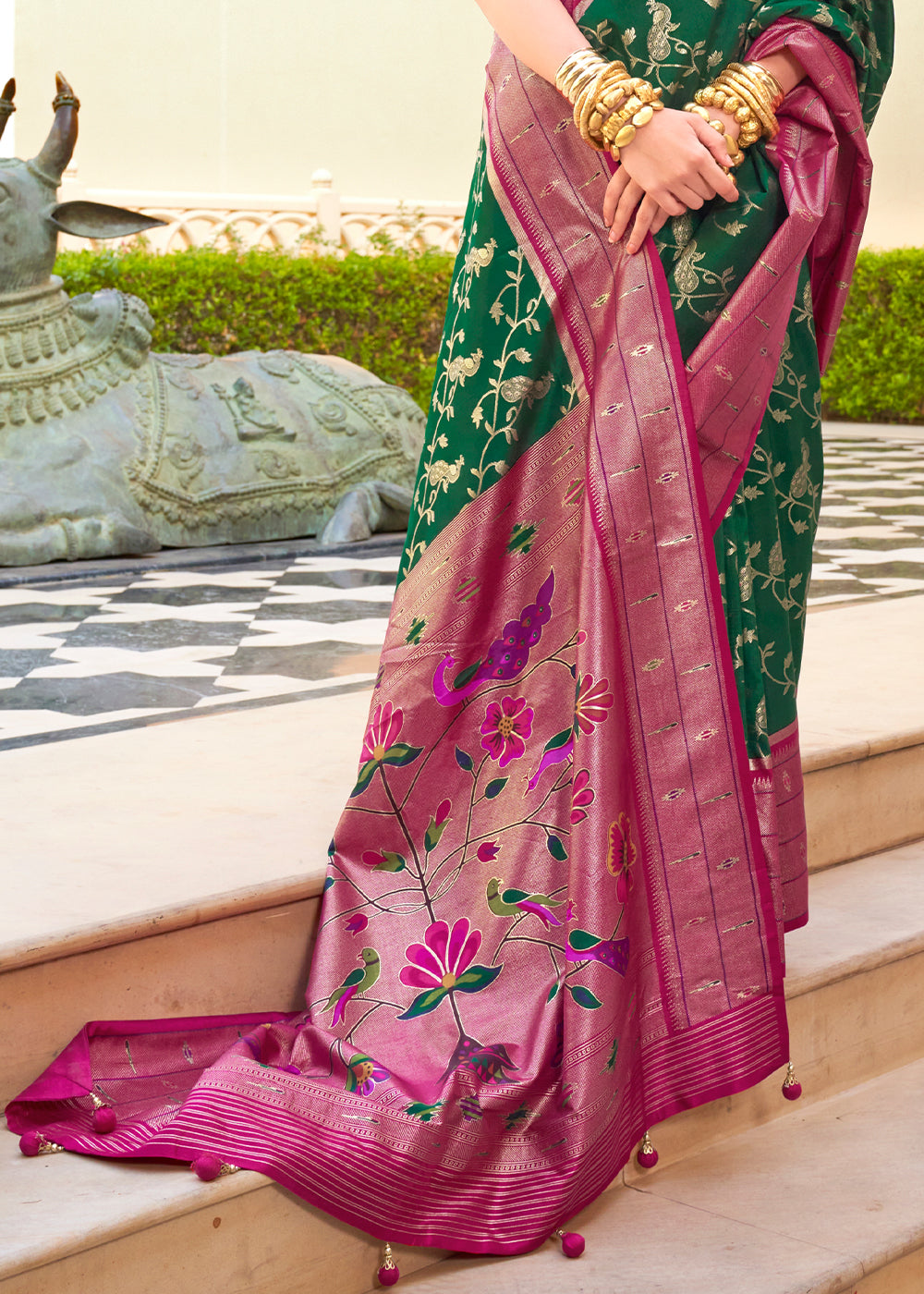 Green & Pink Paithani Printed Silk Saree - qivii
