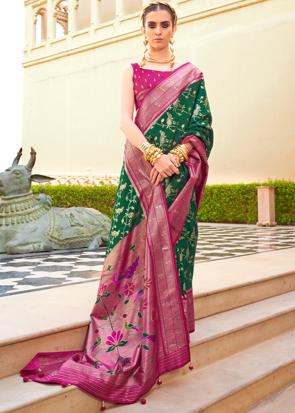 Green & Pink Paithani Printed Silk Saree - qivii