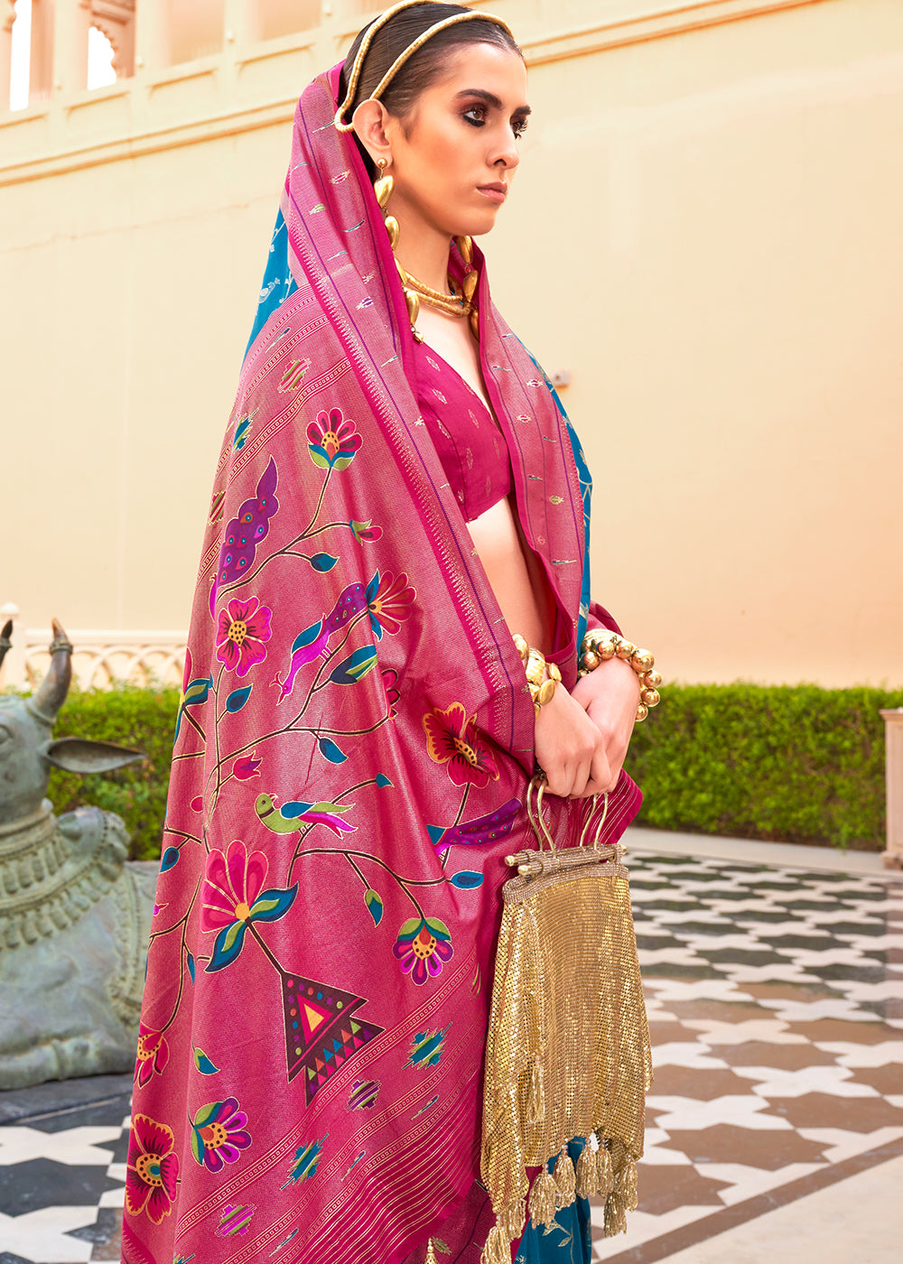 Blue & Pink Paithani Printed Silk Saree - qivii