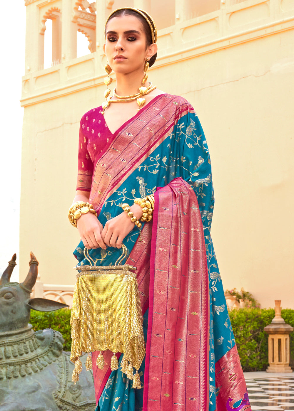 Blue & Pink Paithani Printed Silk Saree - qivii