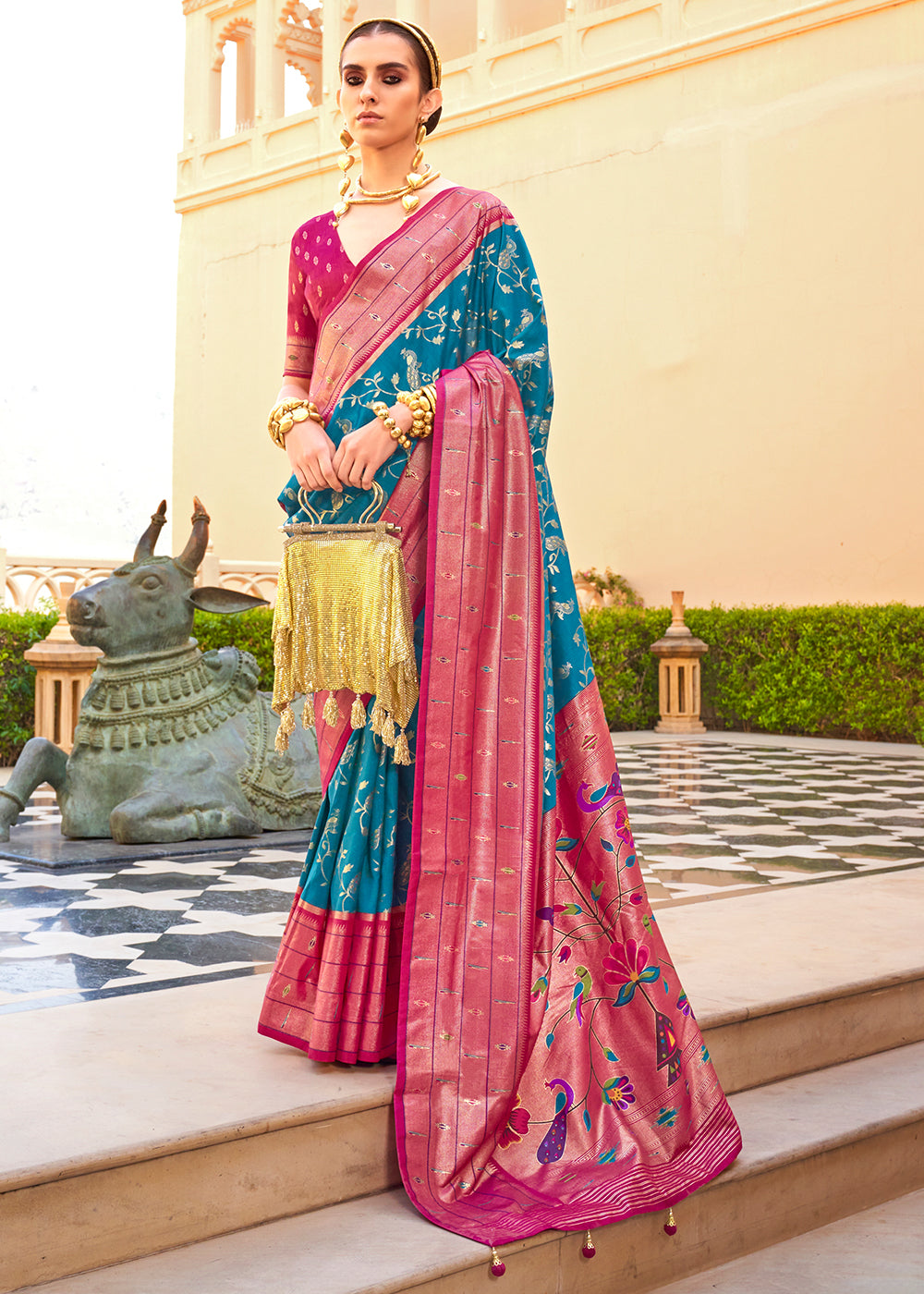 Blue & Pink Paithani Printed Silk Saree - qivii