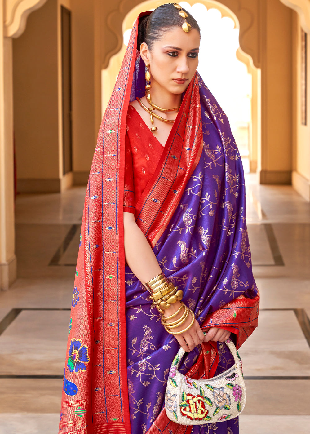 Purple & Red Paithani Printed Silk Saree - qivii