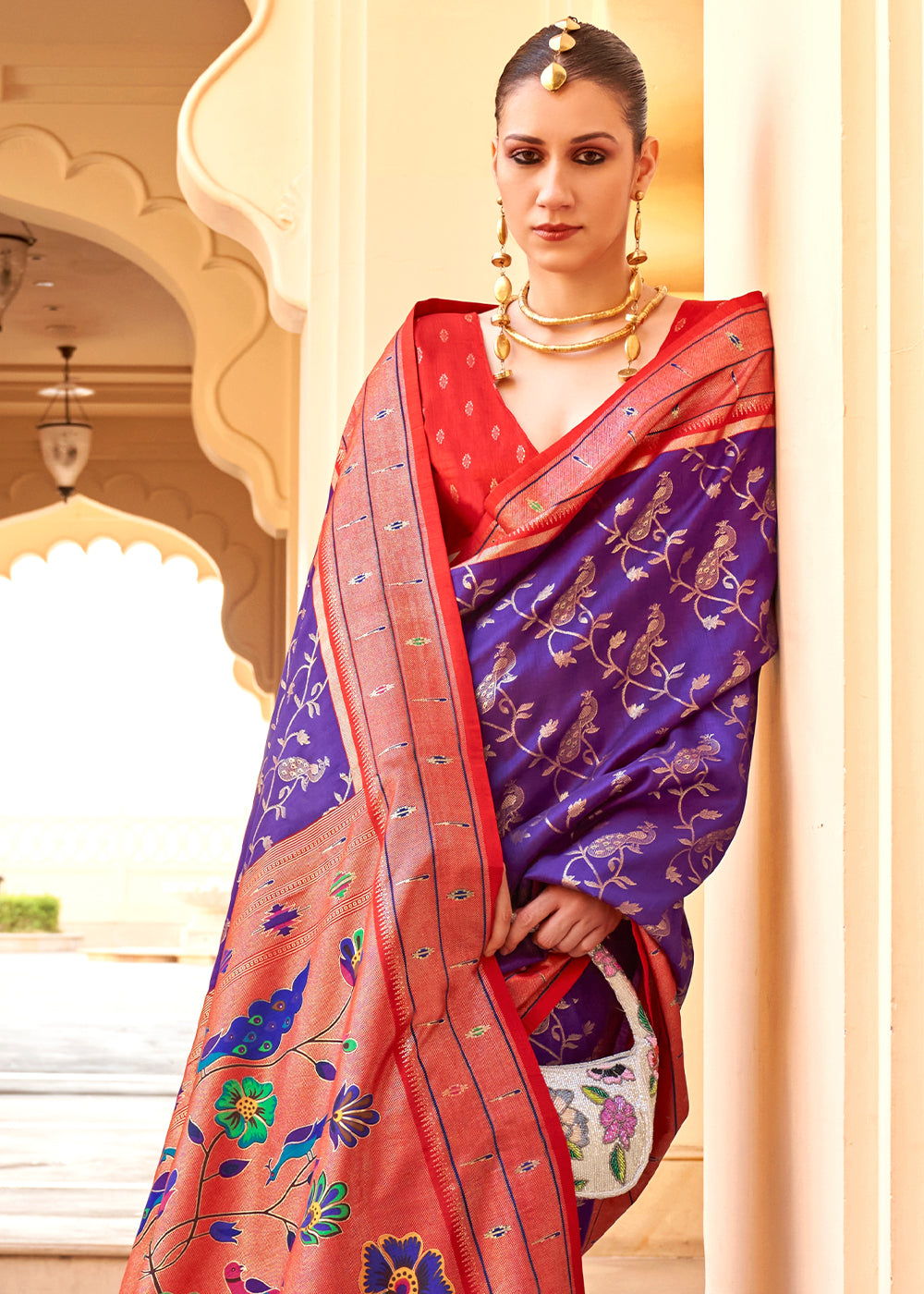 Purple & Red Paithani Printed Silk Saree - qivii