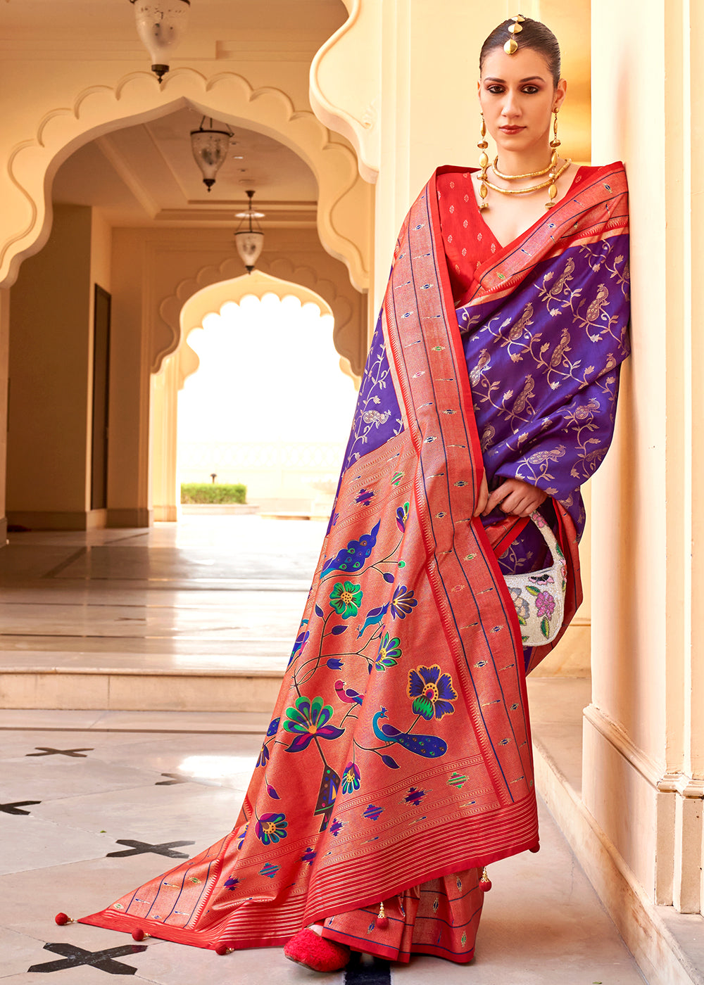 Purple & Red Paithani Printed Silk Saree - qivii