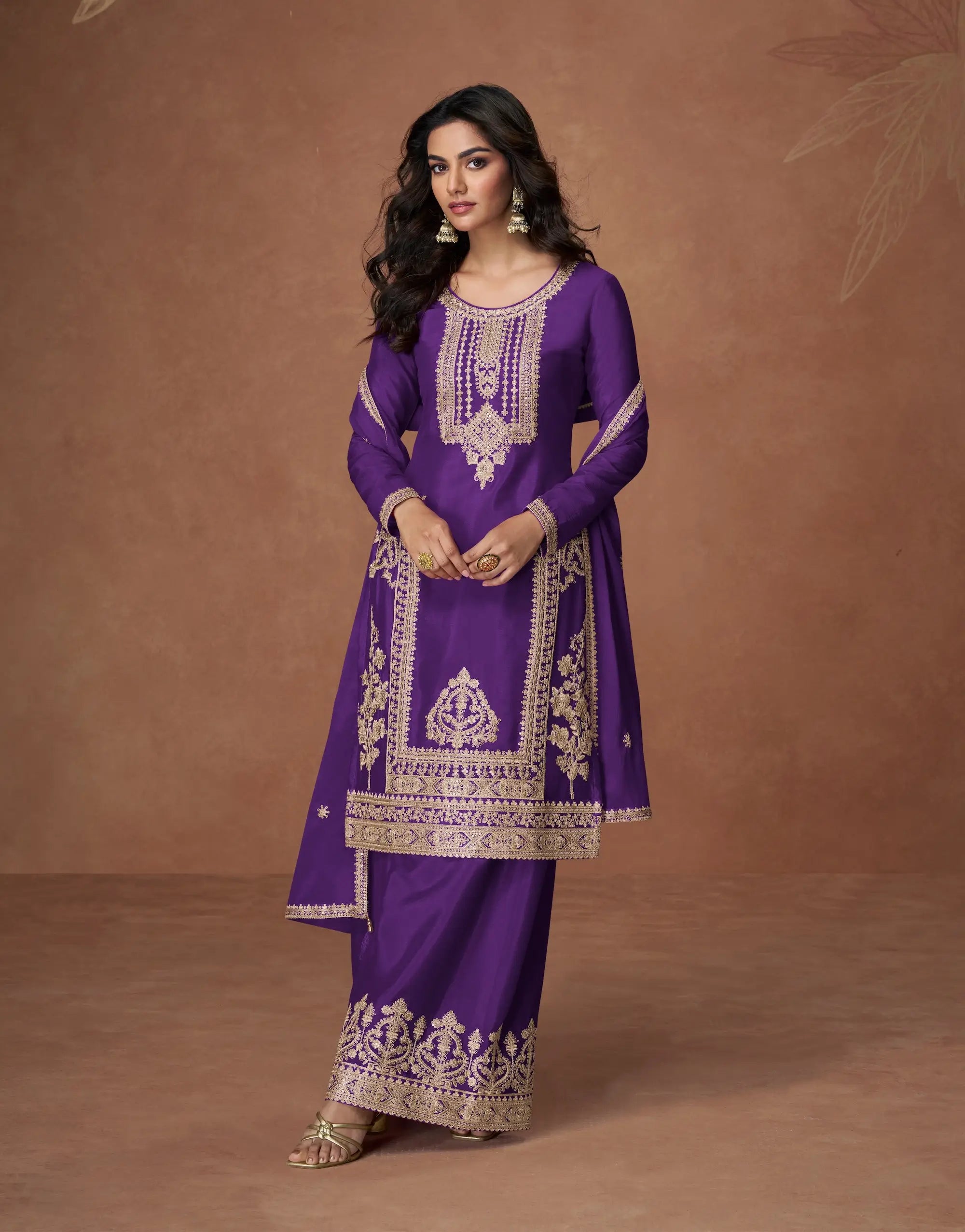 Iris Purple Chinon Silk Embroidery Work Palazzo Suit - qivii