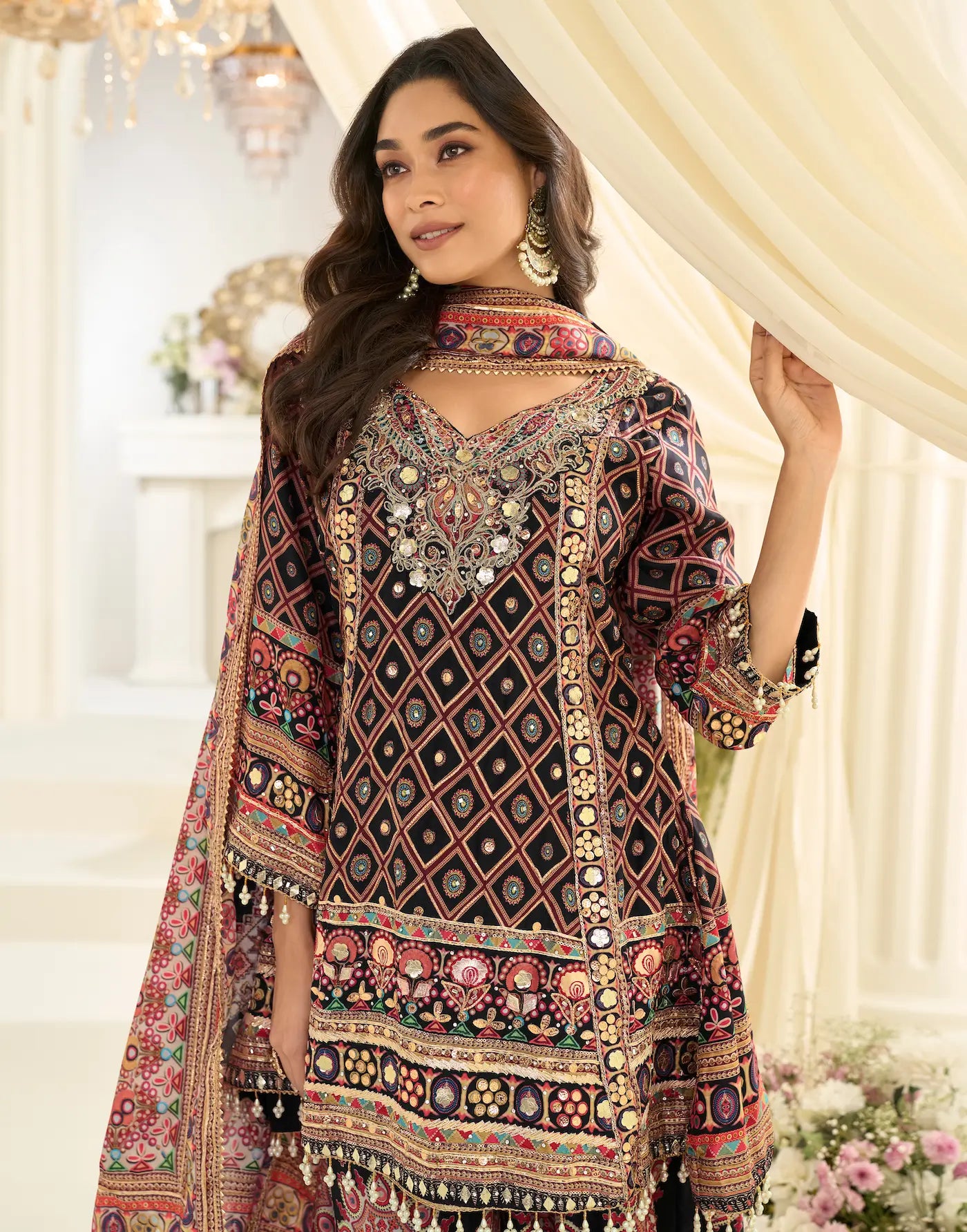 Black Silk Salwar Suit With Print & Aari Work