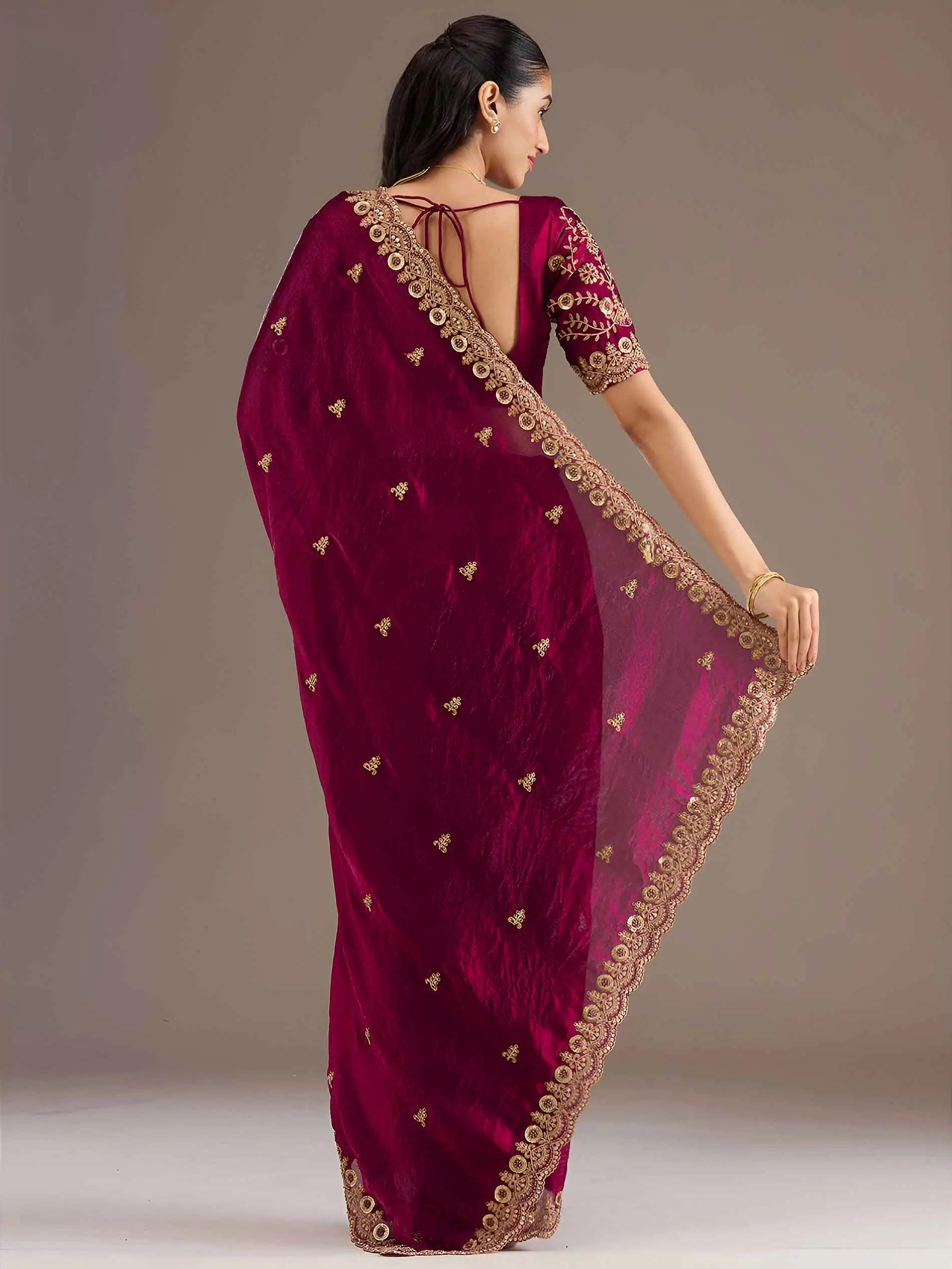 Maroon Embroidery Pearl Work Tissue Saree