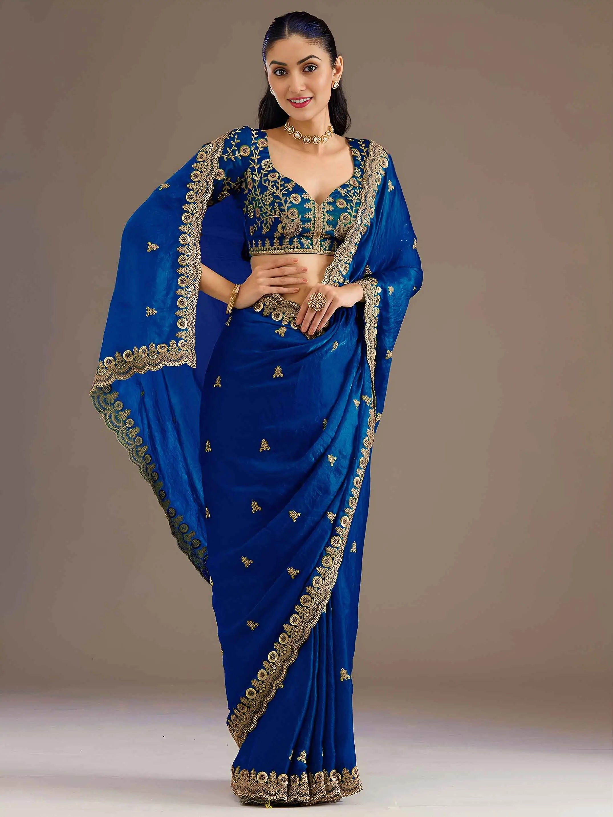 Royal Blue Embroidery Pearl Work Tissue Saree