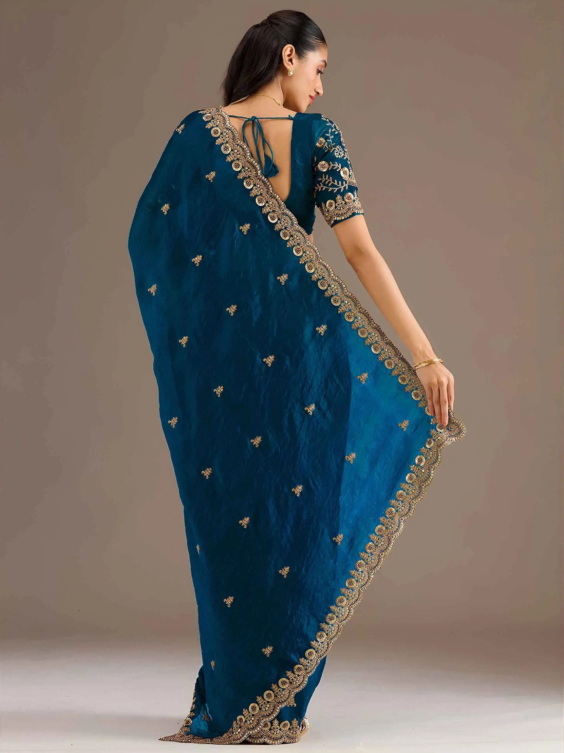 Dove Blue Embroidery Pearl Work Tissue Saree