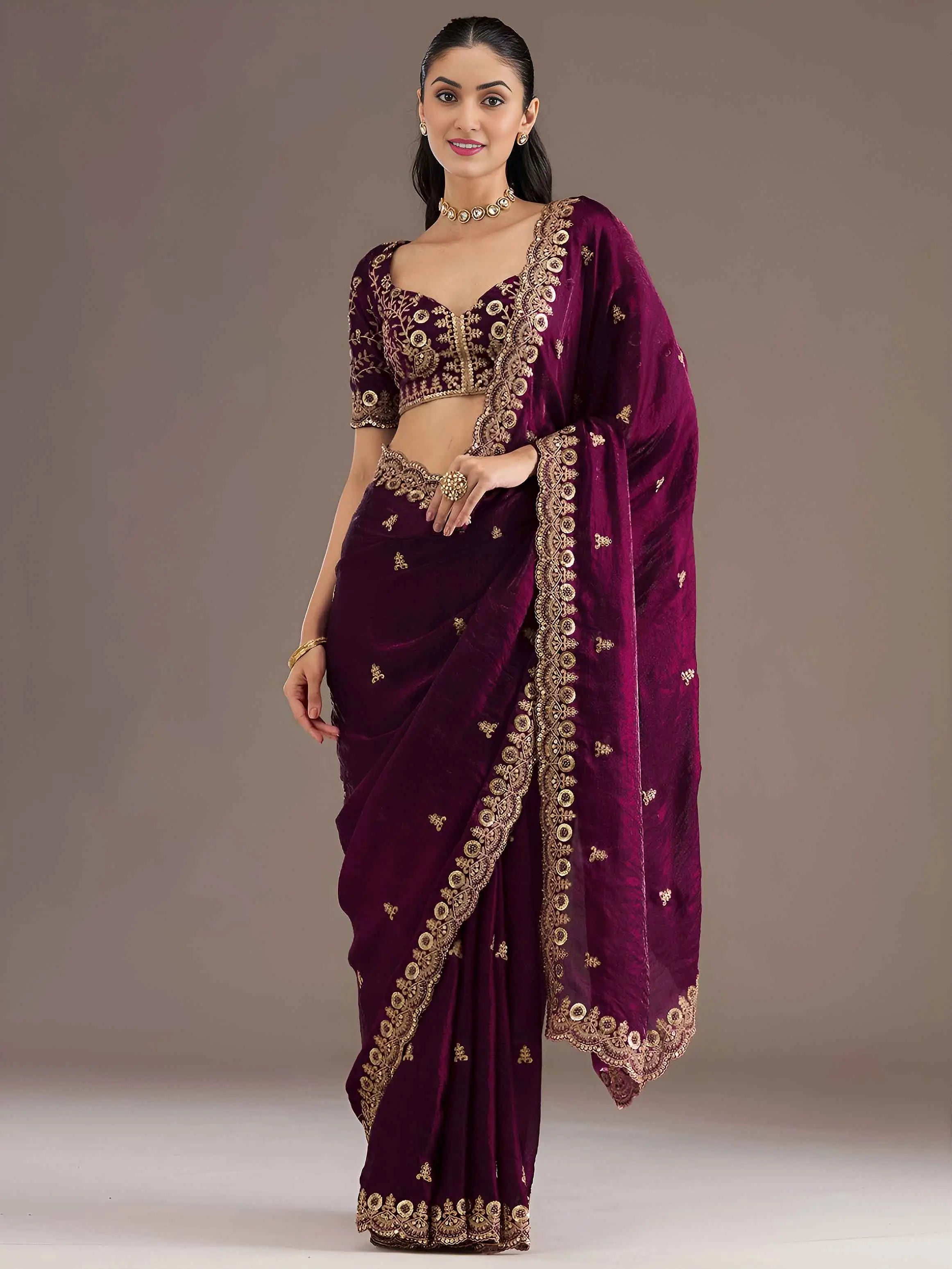 Wine Embroidery Pearl Work Tissue Saree