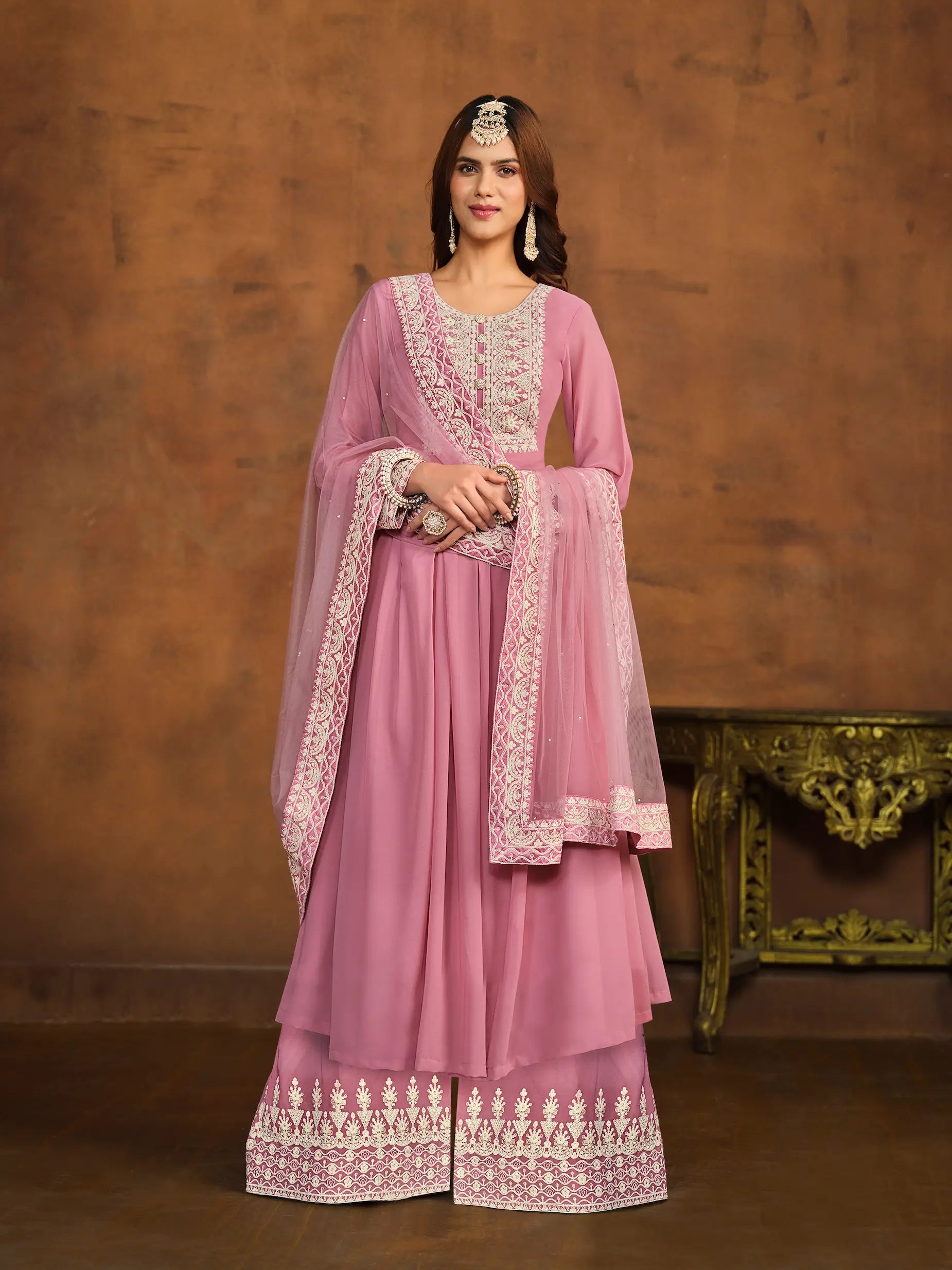 Light Pink Georgette Thread & Sequins Embroidery Long Top & Palazzo Suit - qivii