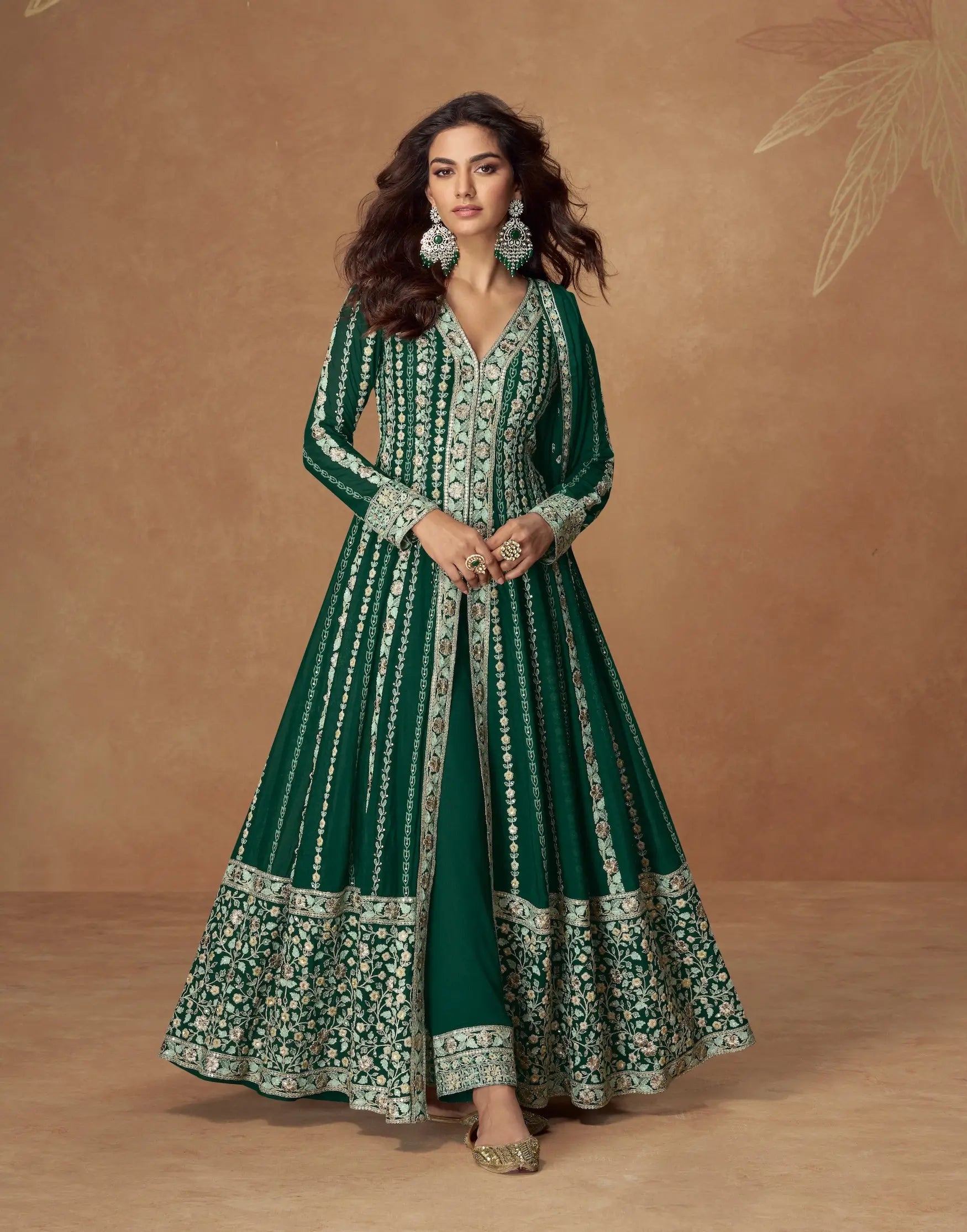 Deep Green Chinon Silk Embroidery Work Gown