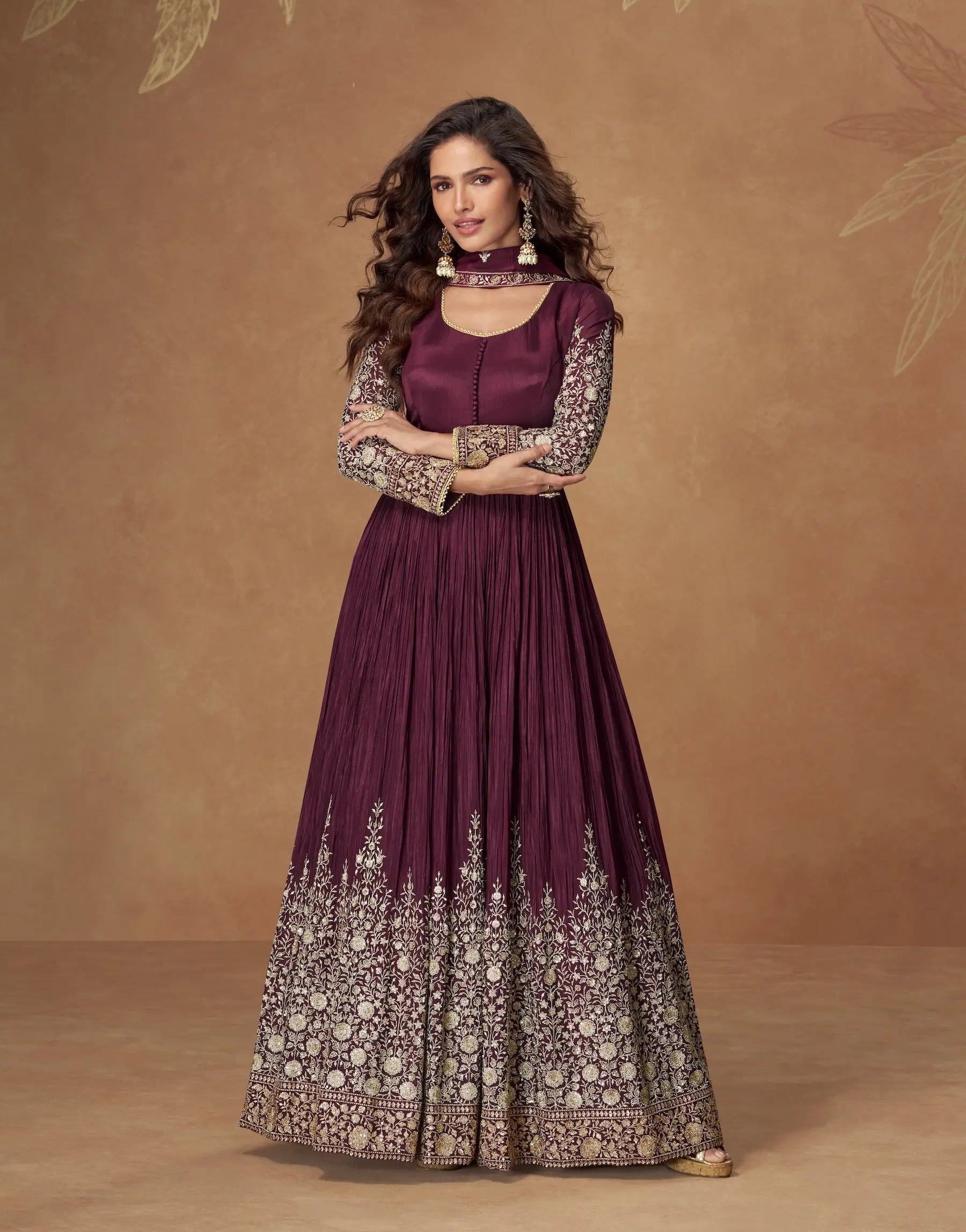 Wine Berry Chinon Silk Embroidery Work Gown - qivii