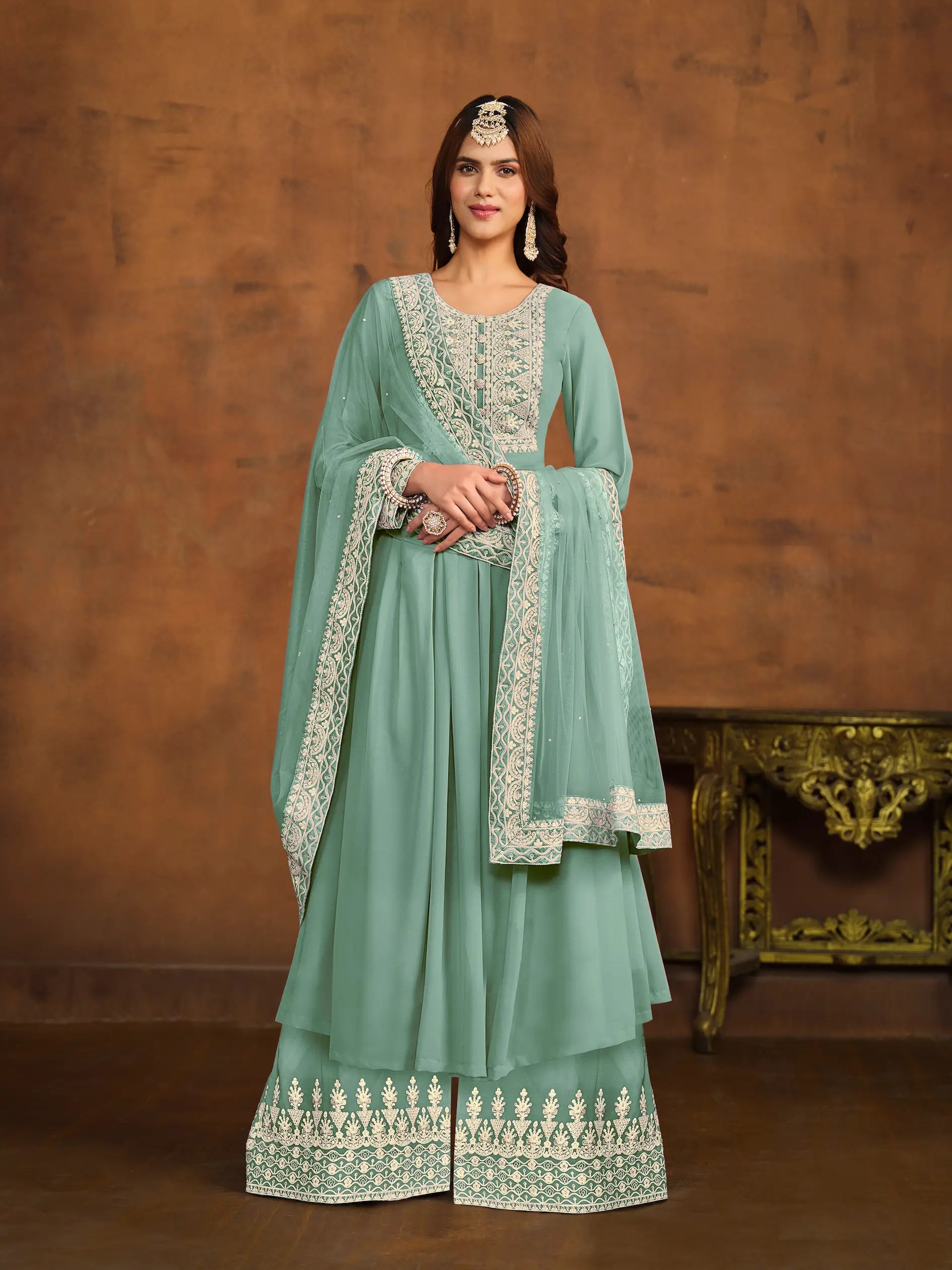 Sky Blue Georgette Thread & Sequins Embroidery Palazzo Suit - qivii