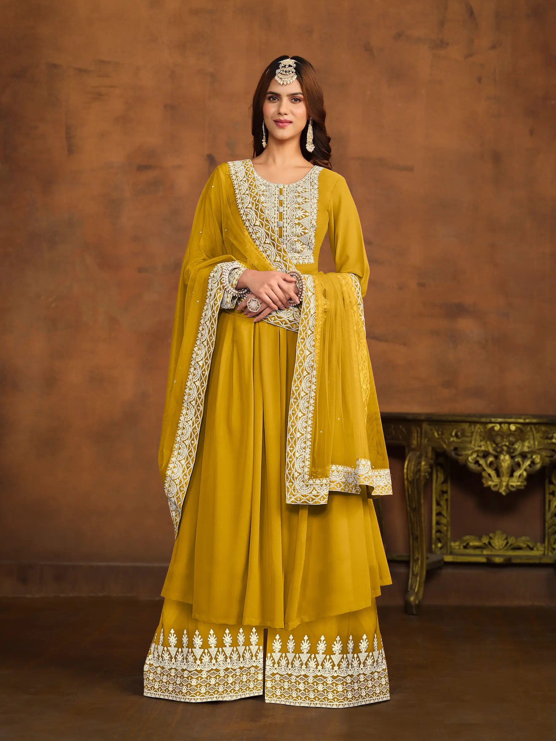 Yellow Georgette Thread & Sequins Embroidery Palazzo Suit - qivii
