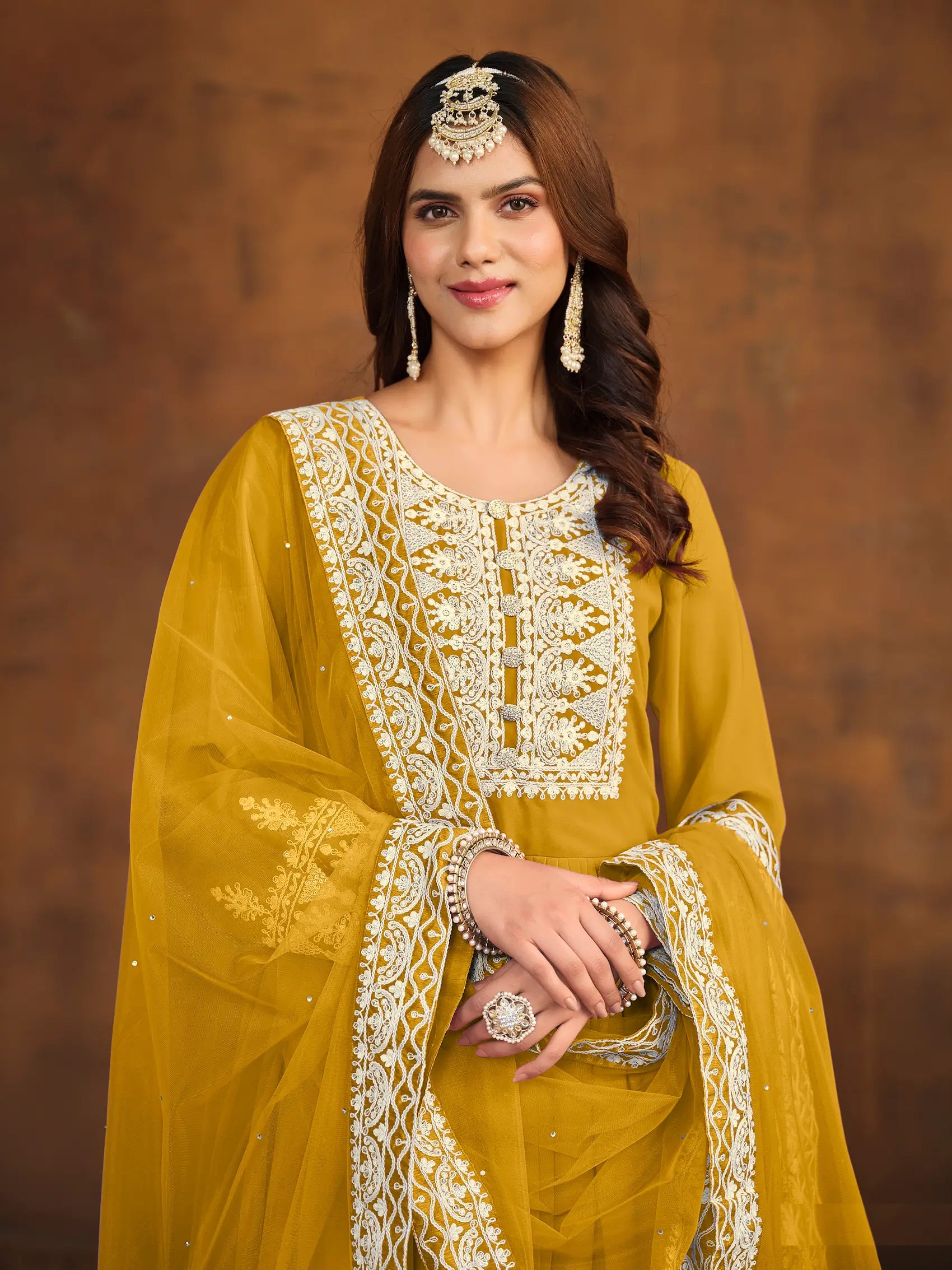 Yellow Georgette Thread & Sequins Embroidery Palazzo Suit - qivii