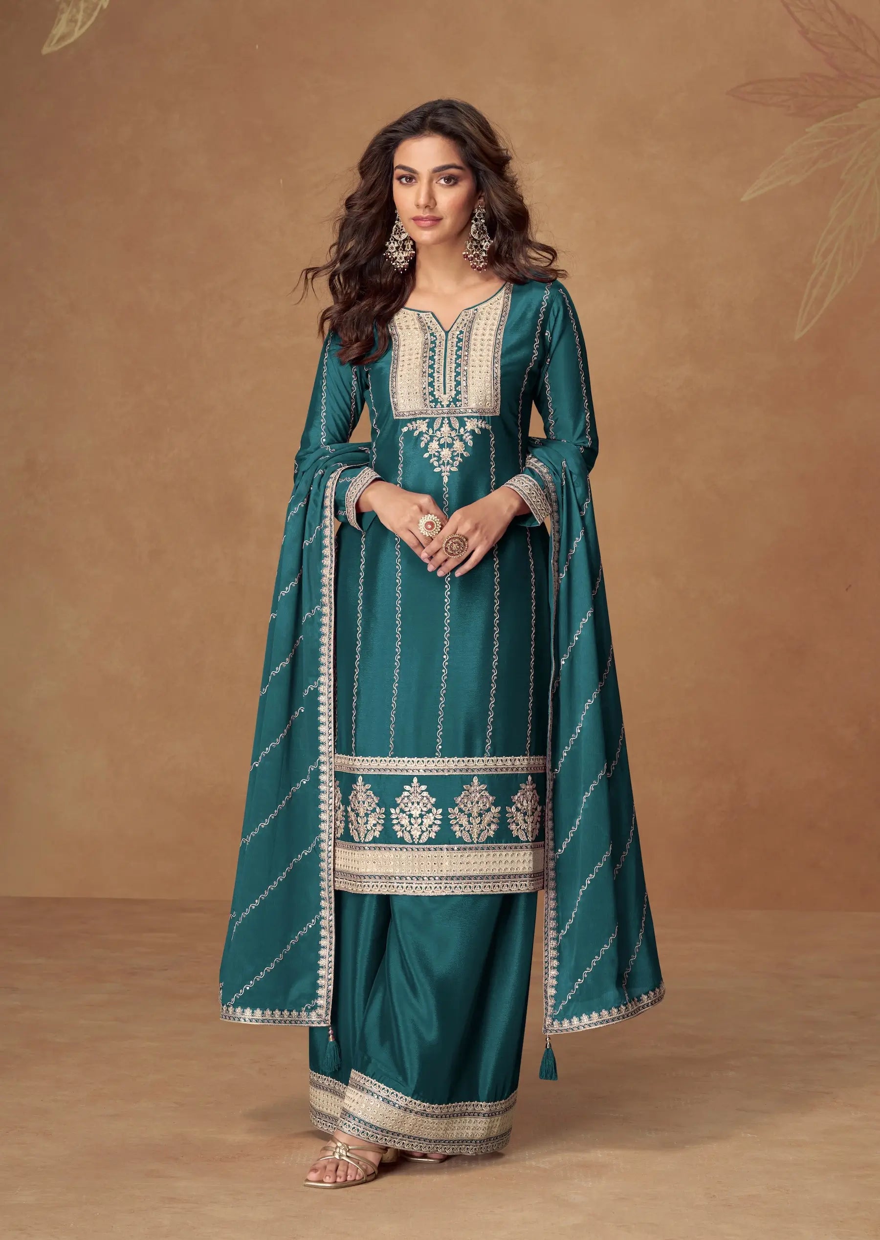 Dark Teal Chinon Silk Palazzo Suit With Embroidery Work - qivii