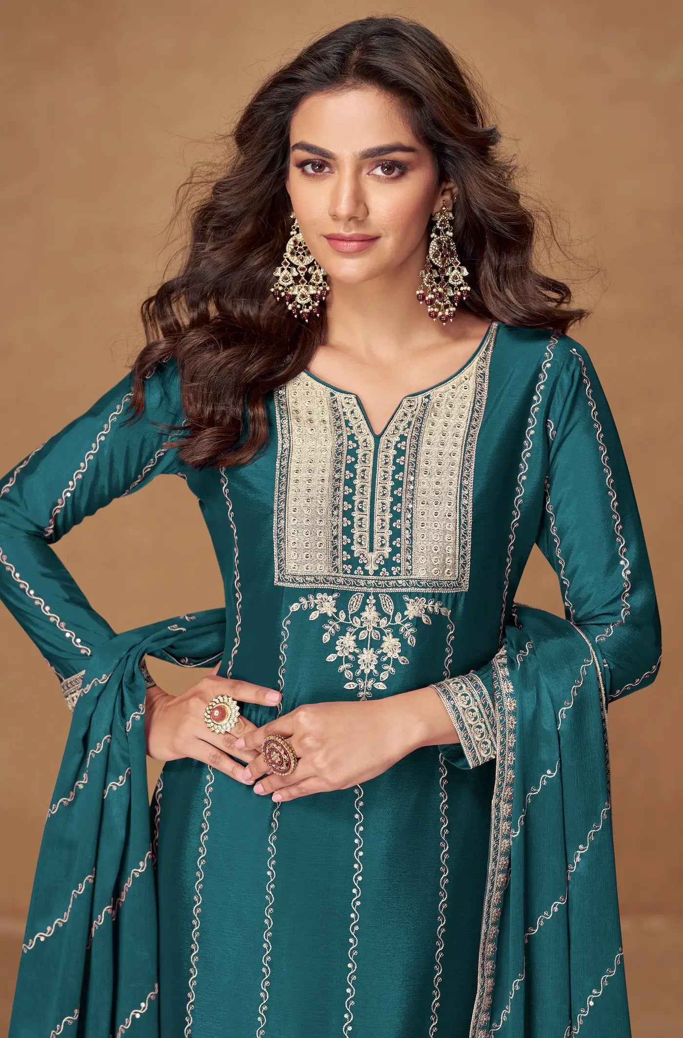 Dark Teal Chinon Silk Palazzo Suit With Embroidery Work - qivii