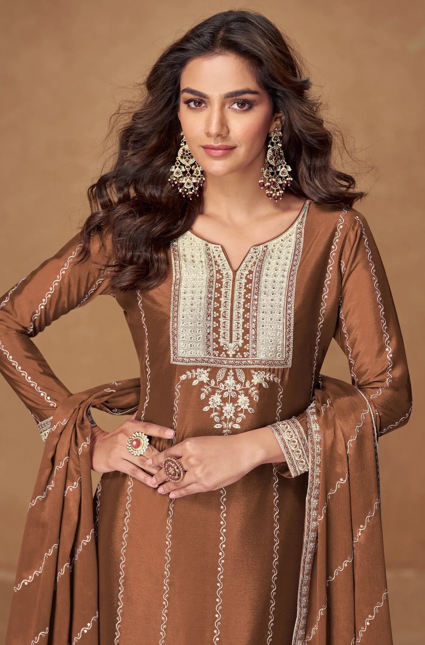 Rust Brown Chinon Silk Palazzo Suit With Embroidery Work - qivii