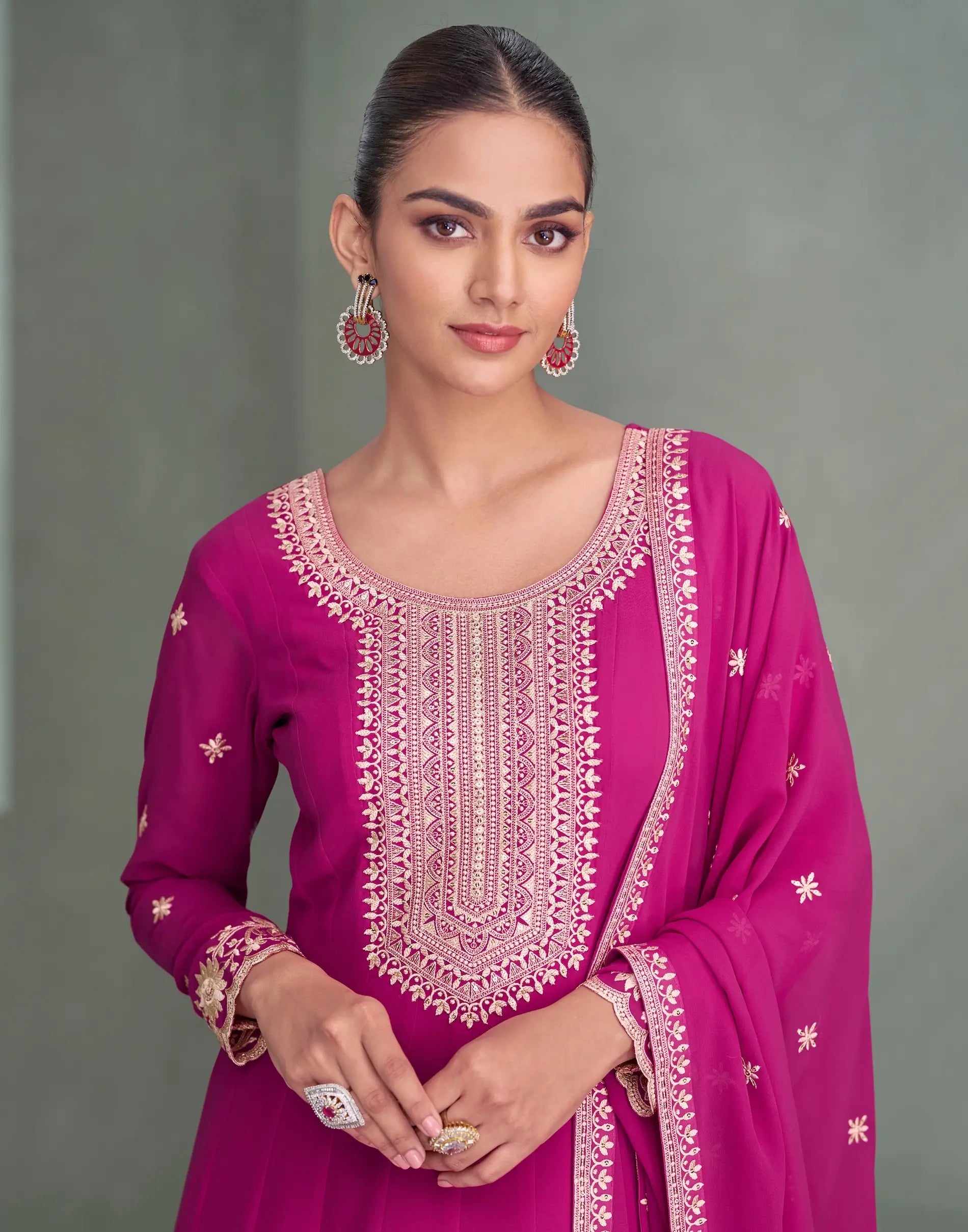 Rani Pink Georgette Embroidery Work Gown - qivii