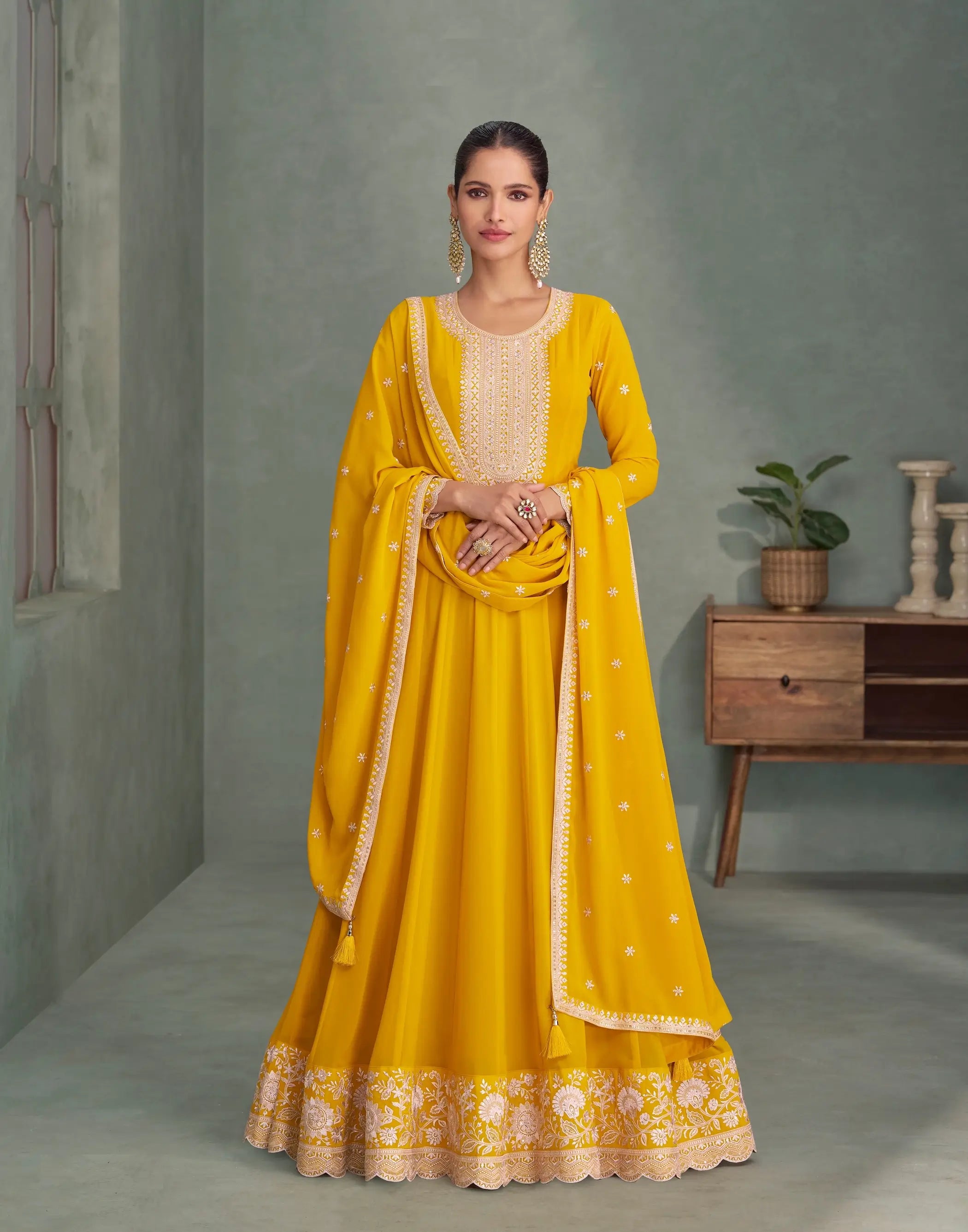 Yellow Georgette Embroidery Work Gown - qivii