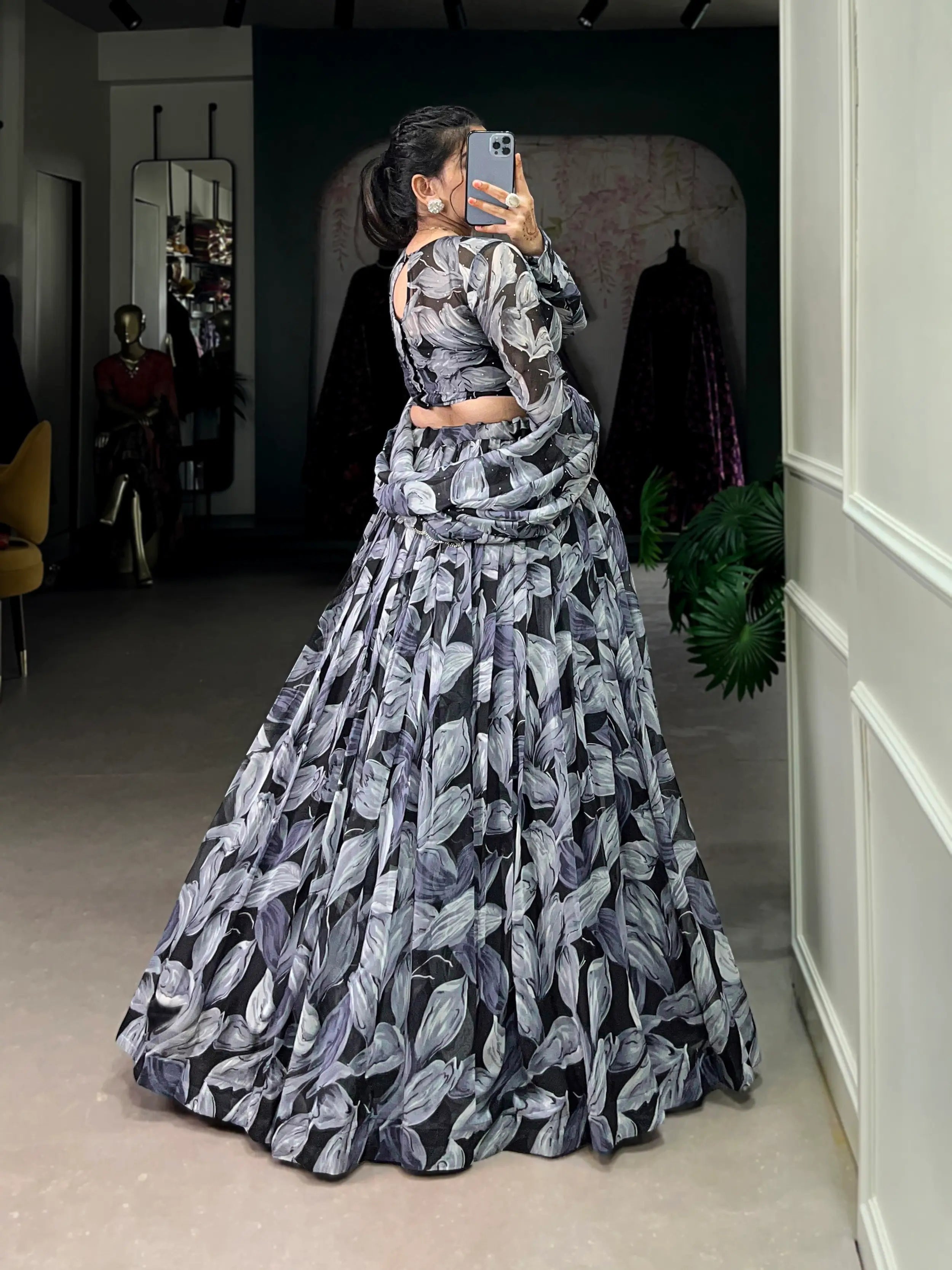 Black Tabby Silk Floral Printed Lehenga Choli | Ready To Wear - qivii