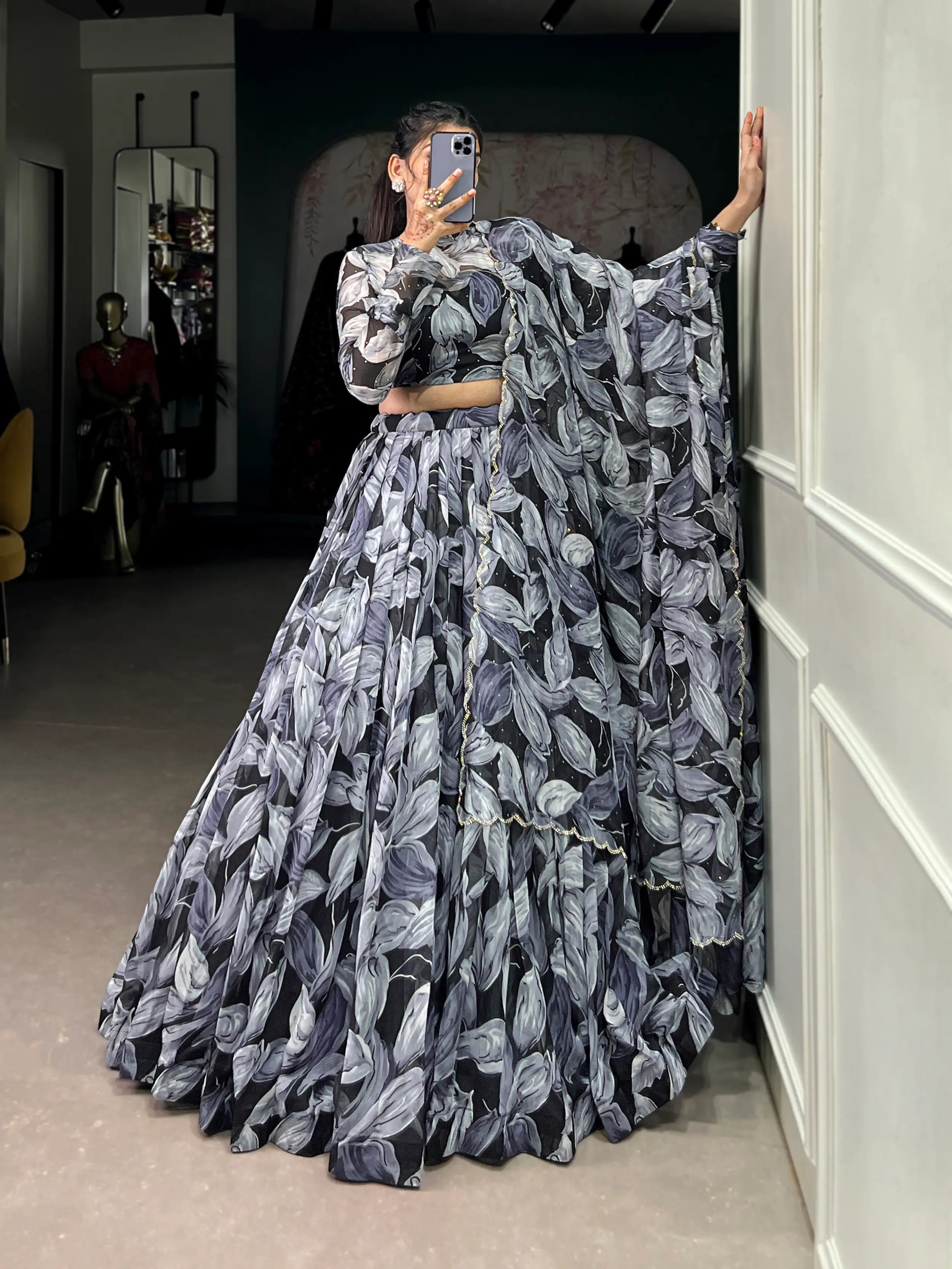 Black Tabby Silk Floral Printed Lehenga Choli | Ready To Wear - qivii