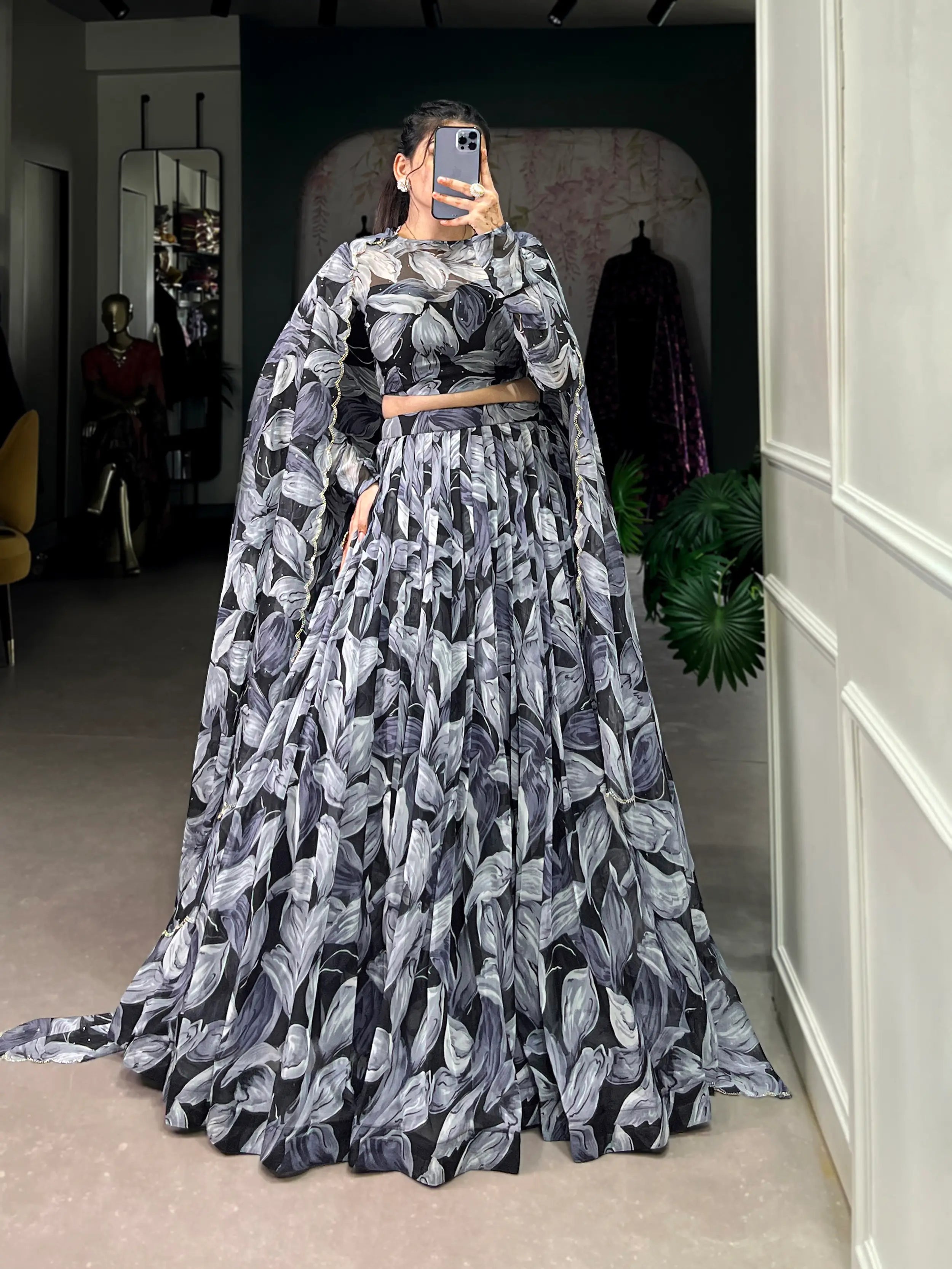 Black Tabby Silk Floral Printed Lehenga Choli | Ready To Wear - qivii