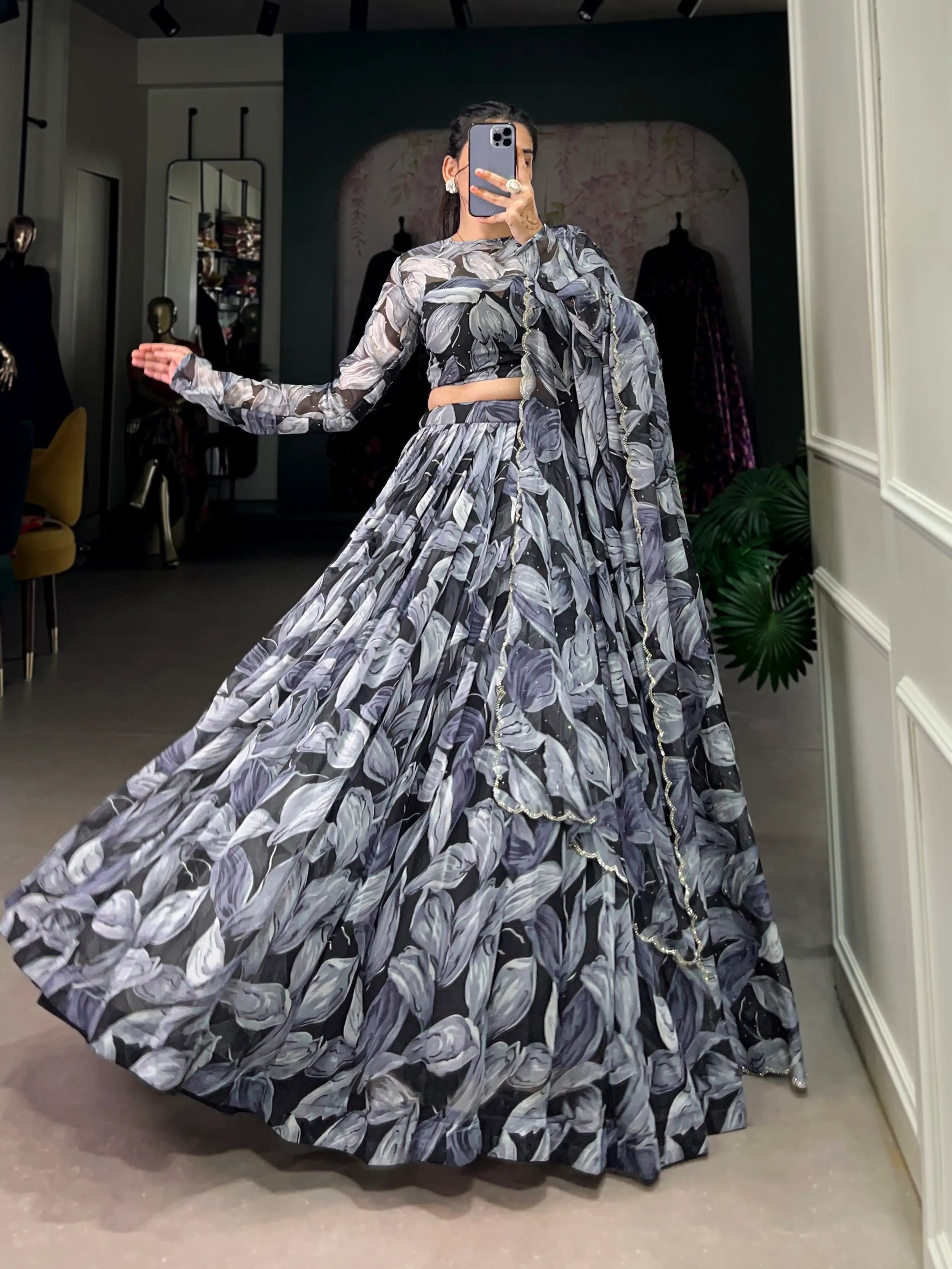 Black Tabby Silk Floral Printed Lehenga Choli | Ready To Wear - qivii