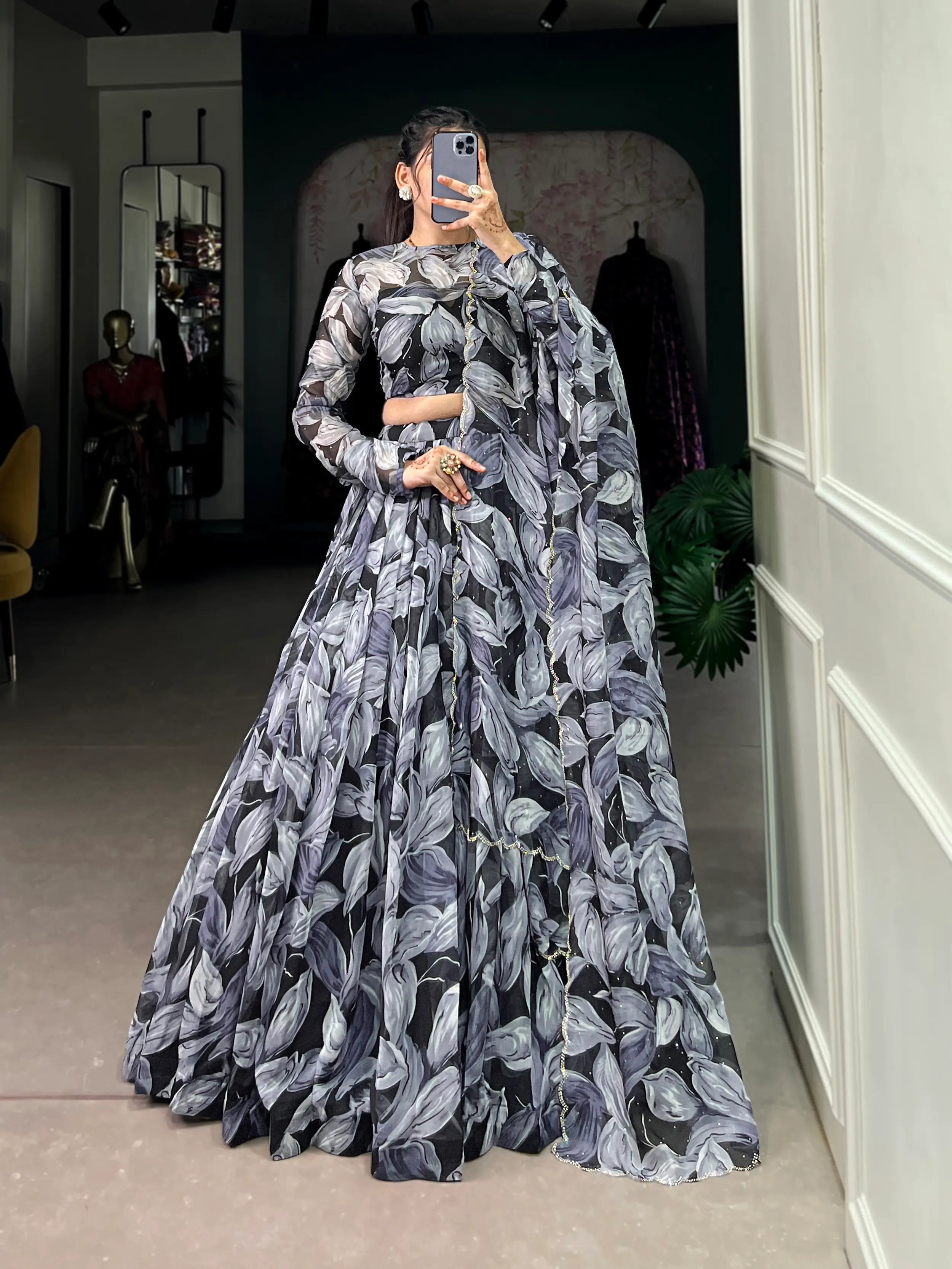 Black Tabby Silk Floral Printed Lehenga Choli | Ready To Wear - qivii