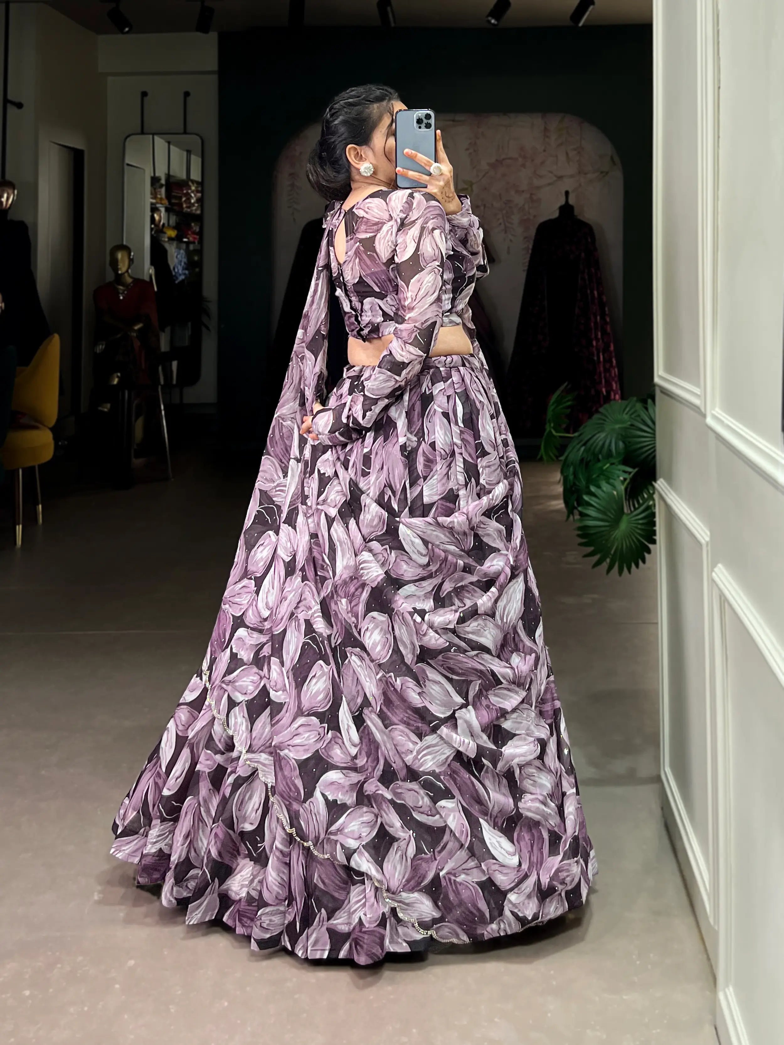 Brown Tabby Silk Floral Printed Lehenga Choli | Ready To Wear - qivii