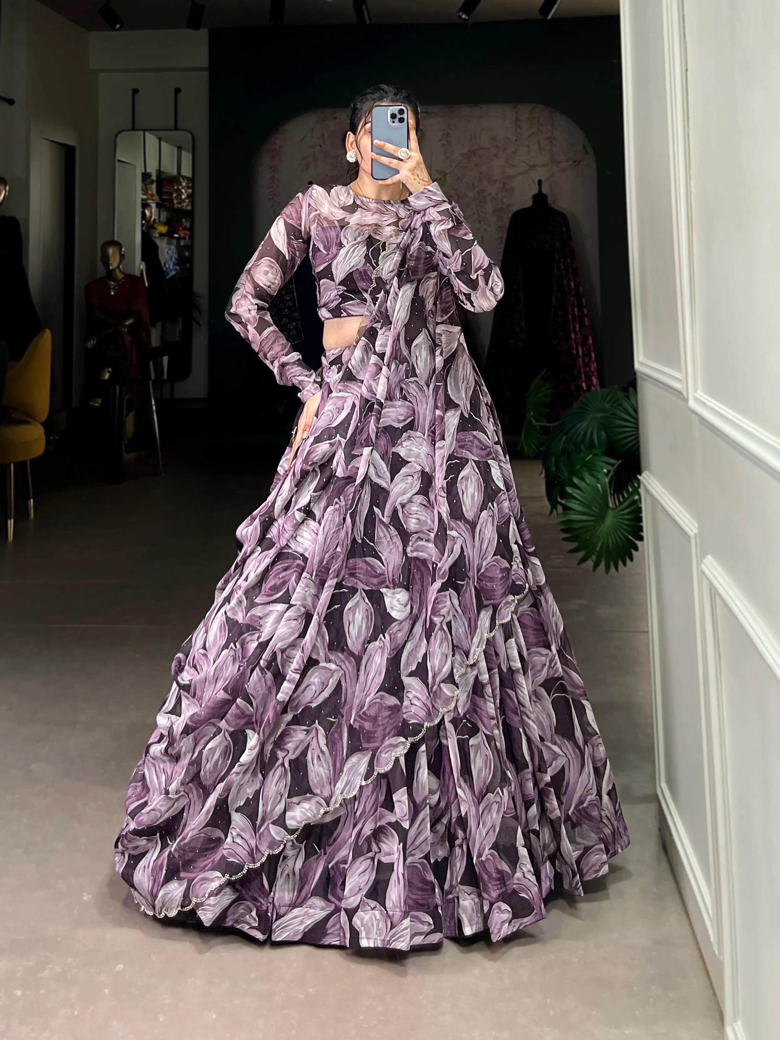 Brown Tabby Silk Floral Printed Lehenga Choli | Ready To Wear - qivii