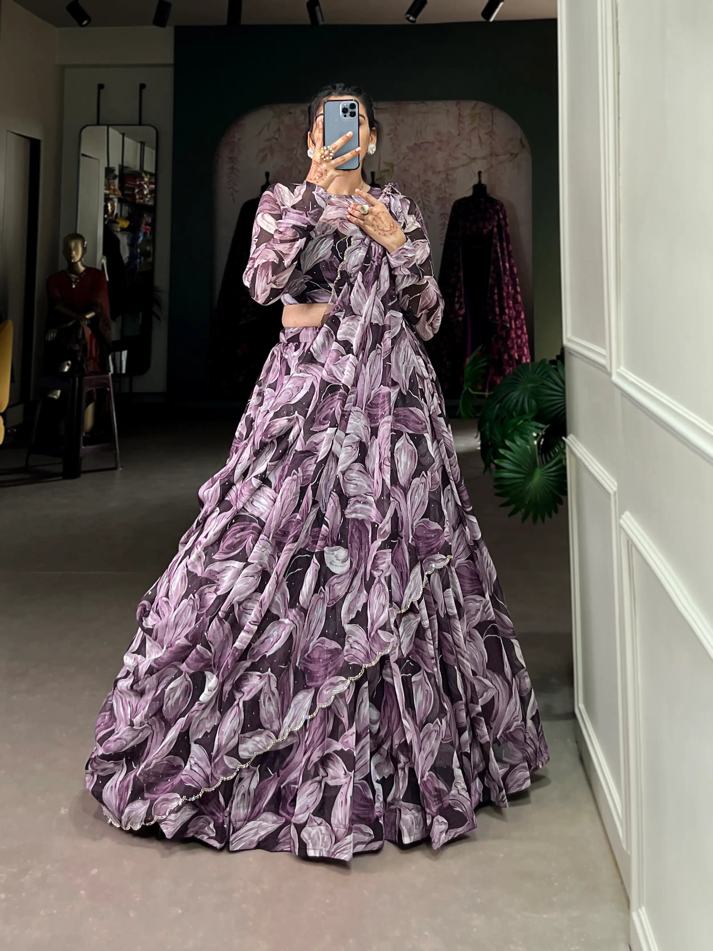 Brown Tabby Silk Floral Printed Lehenga Choli | Ready To Wear - qivii