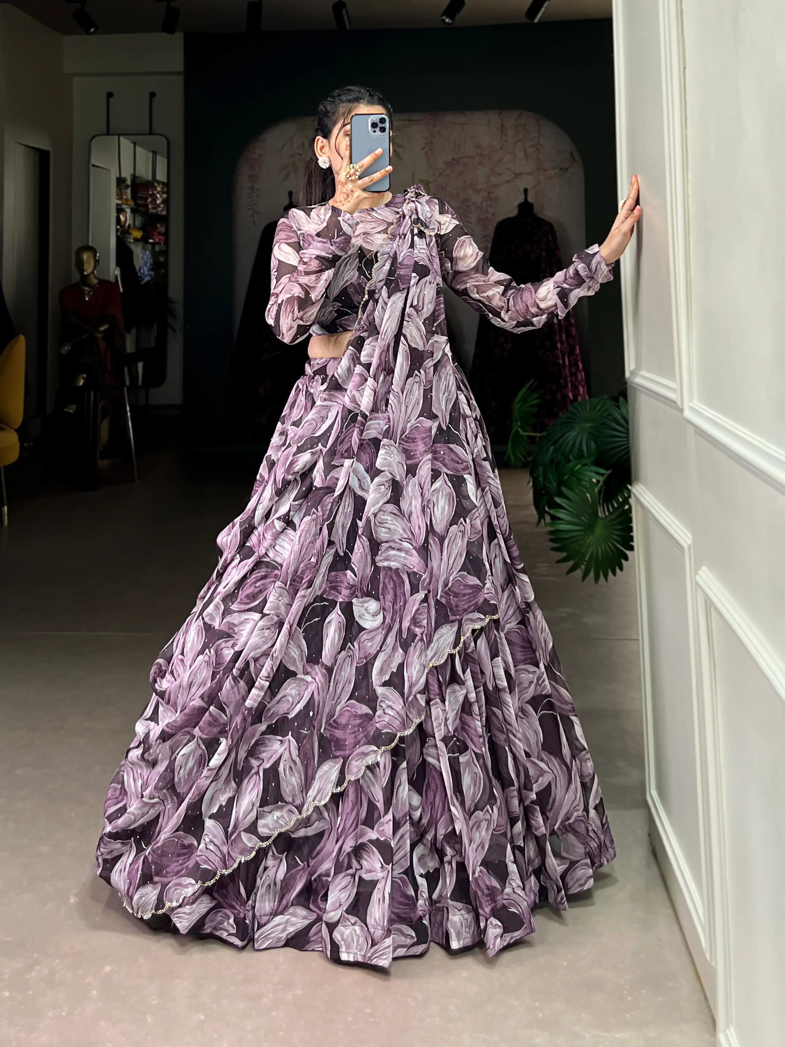 Brown Tabby Silk Floral Printed Lehenga Choli | Ready To Wear - qivii