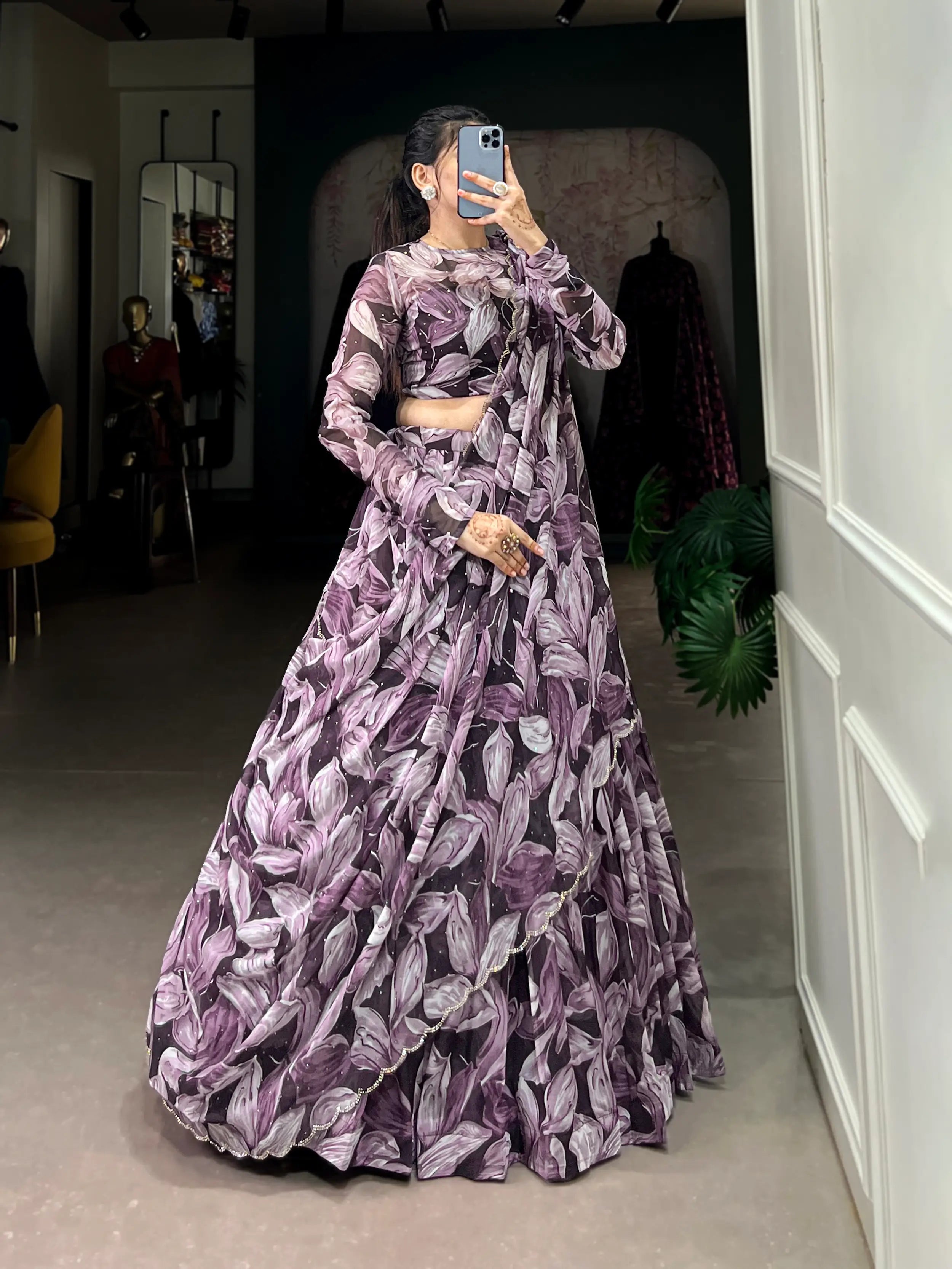 Brown Tabby Silk Floral Printed Lehenga Choli | Ready To Wear - qivii