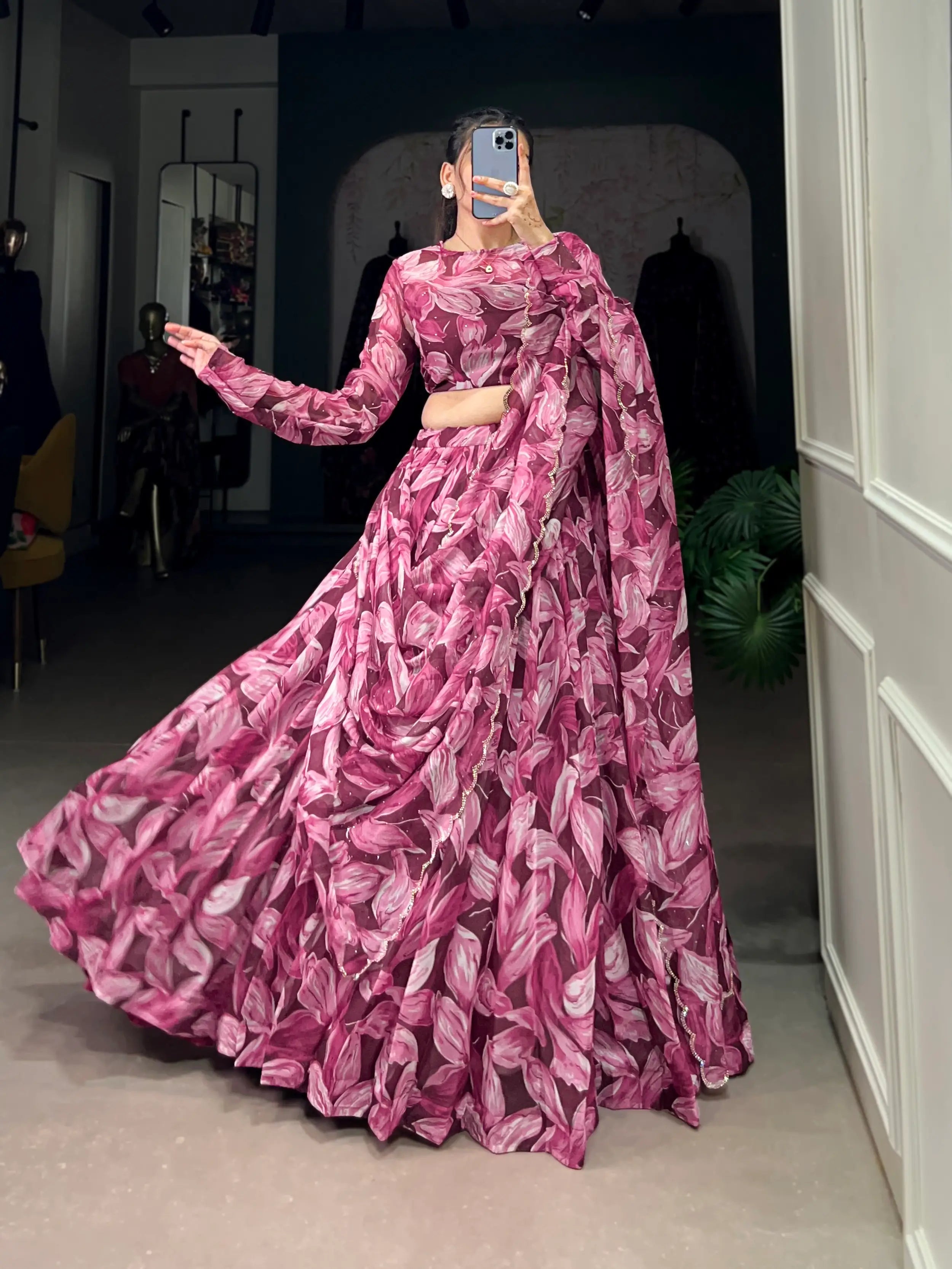 Maroon Tabby Silk Floral Printed Lehenga Choli | Ready To Wear - qivii