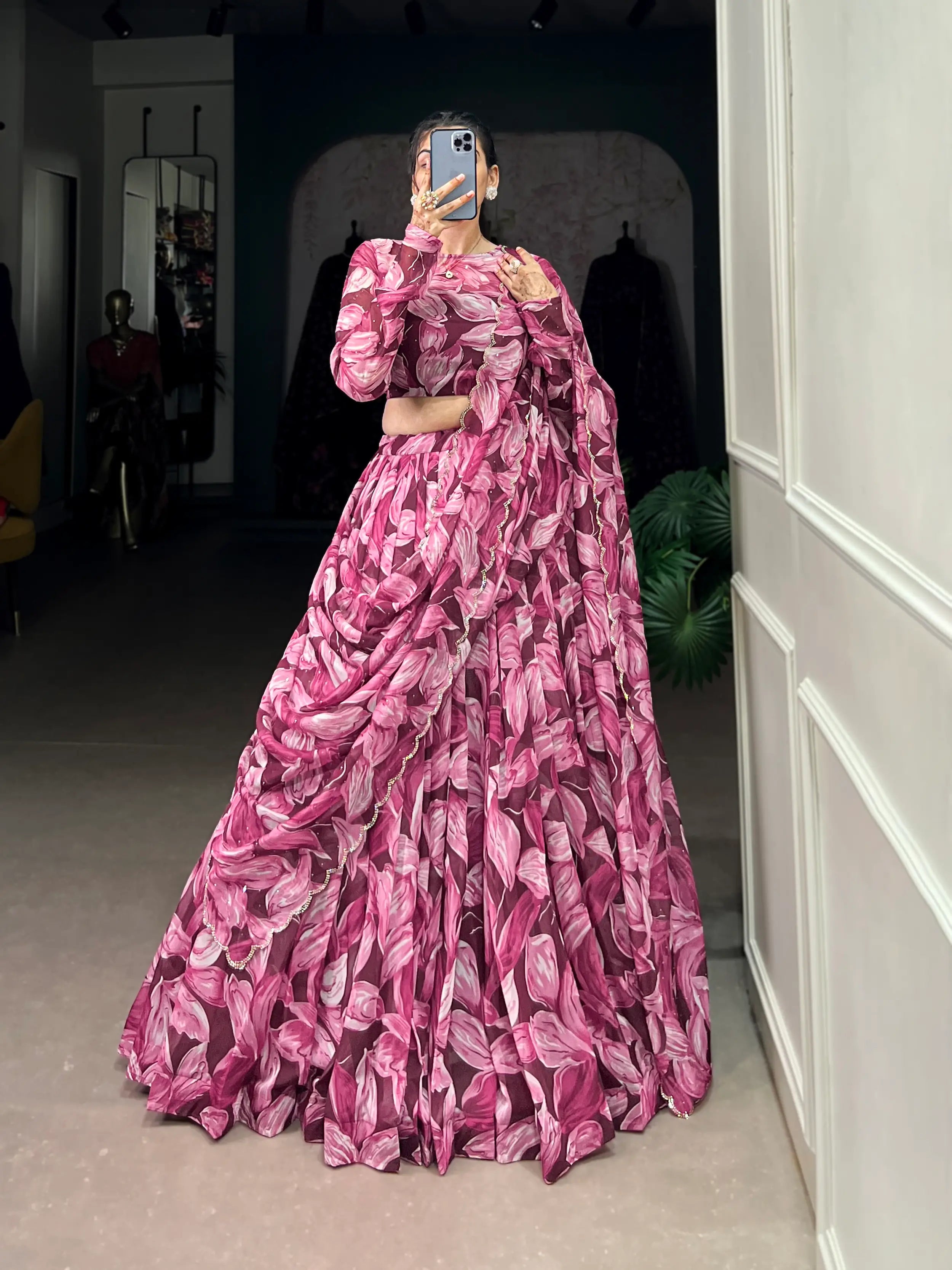 Maroon Tabby Silk Floral Printed Lehenga Choli | Ready To Wear - qivii