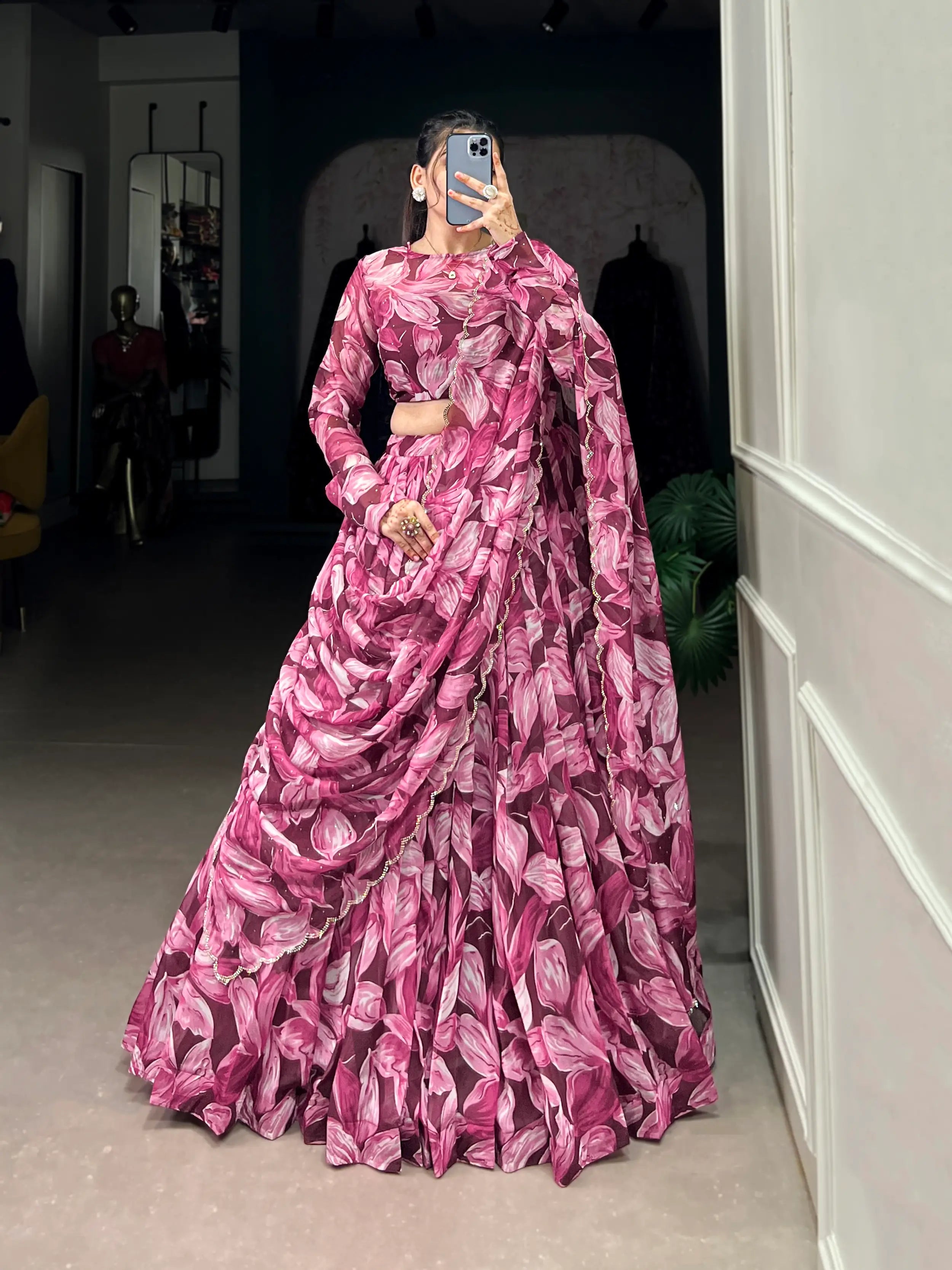 Maroon Tabby Silk Floral Printed Lehenga Choli | Ready To Wear - qivii