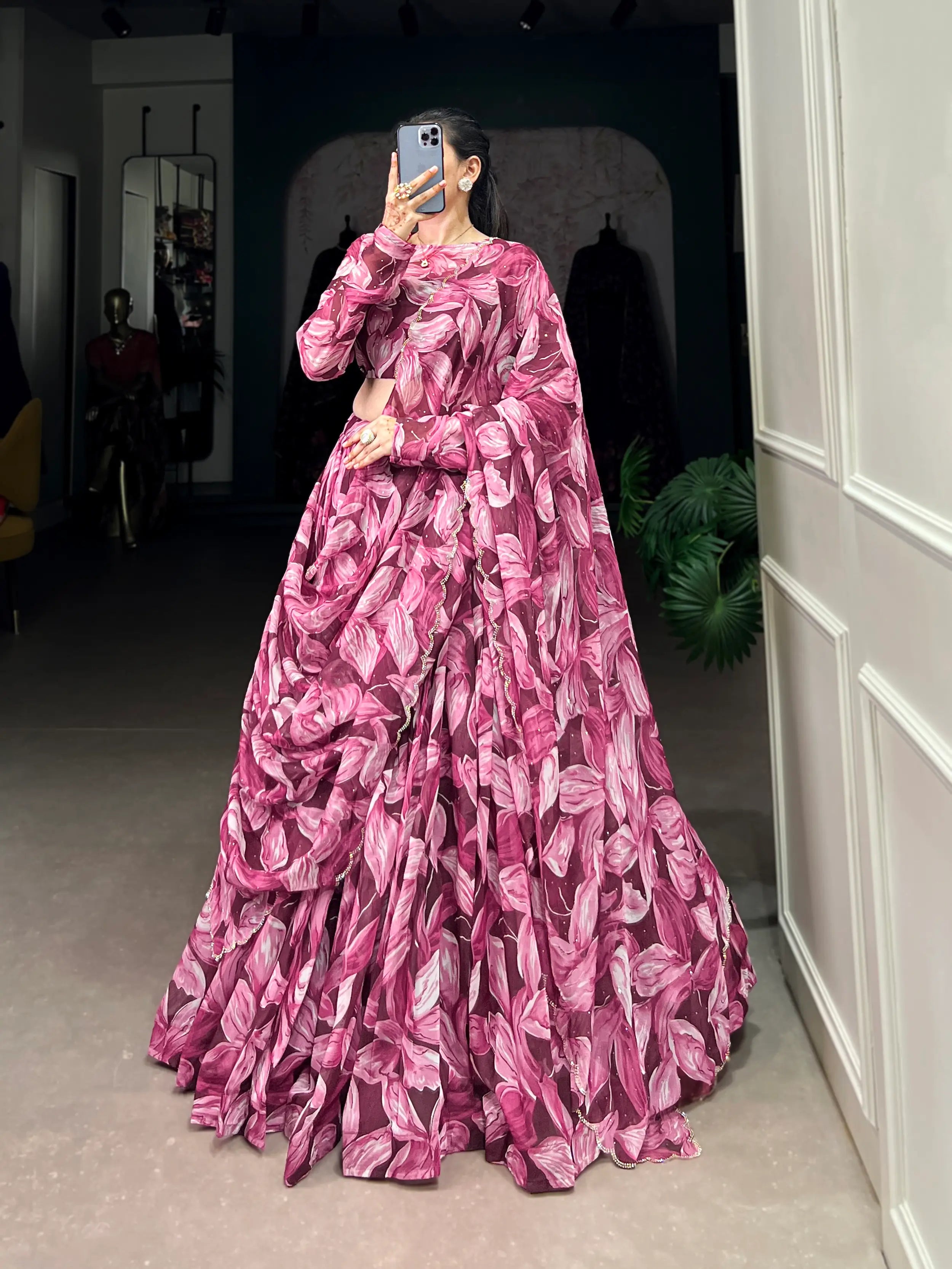 Maroon Tabby Silk Floral Printed Lehenga Choli | Ready To Wear - qivii