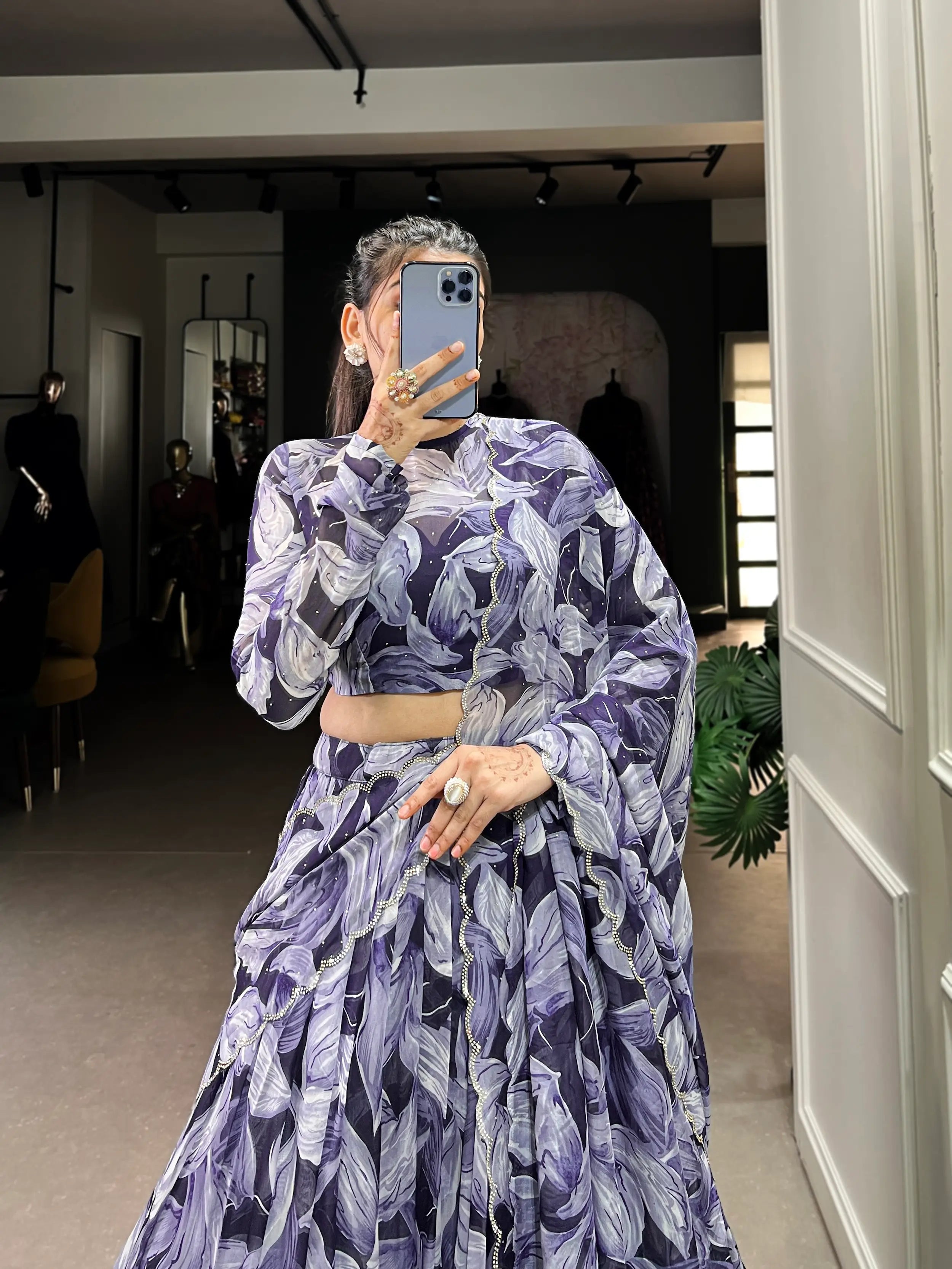 Navy Blue Tabby Silk Floral Printed Lehenga Choli | Ready To Wear - qivii