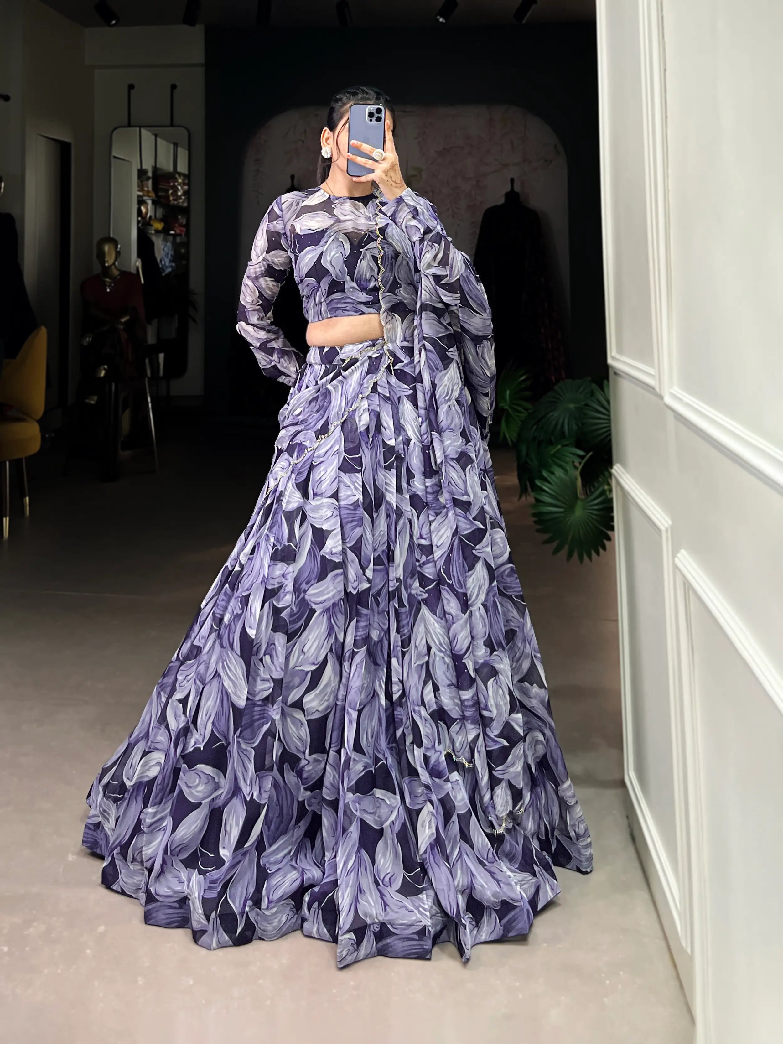 Navy Blue Tabby Silk Floral Printed Lehenga Choli | Ready To Wear - qivii