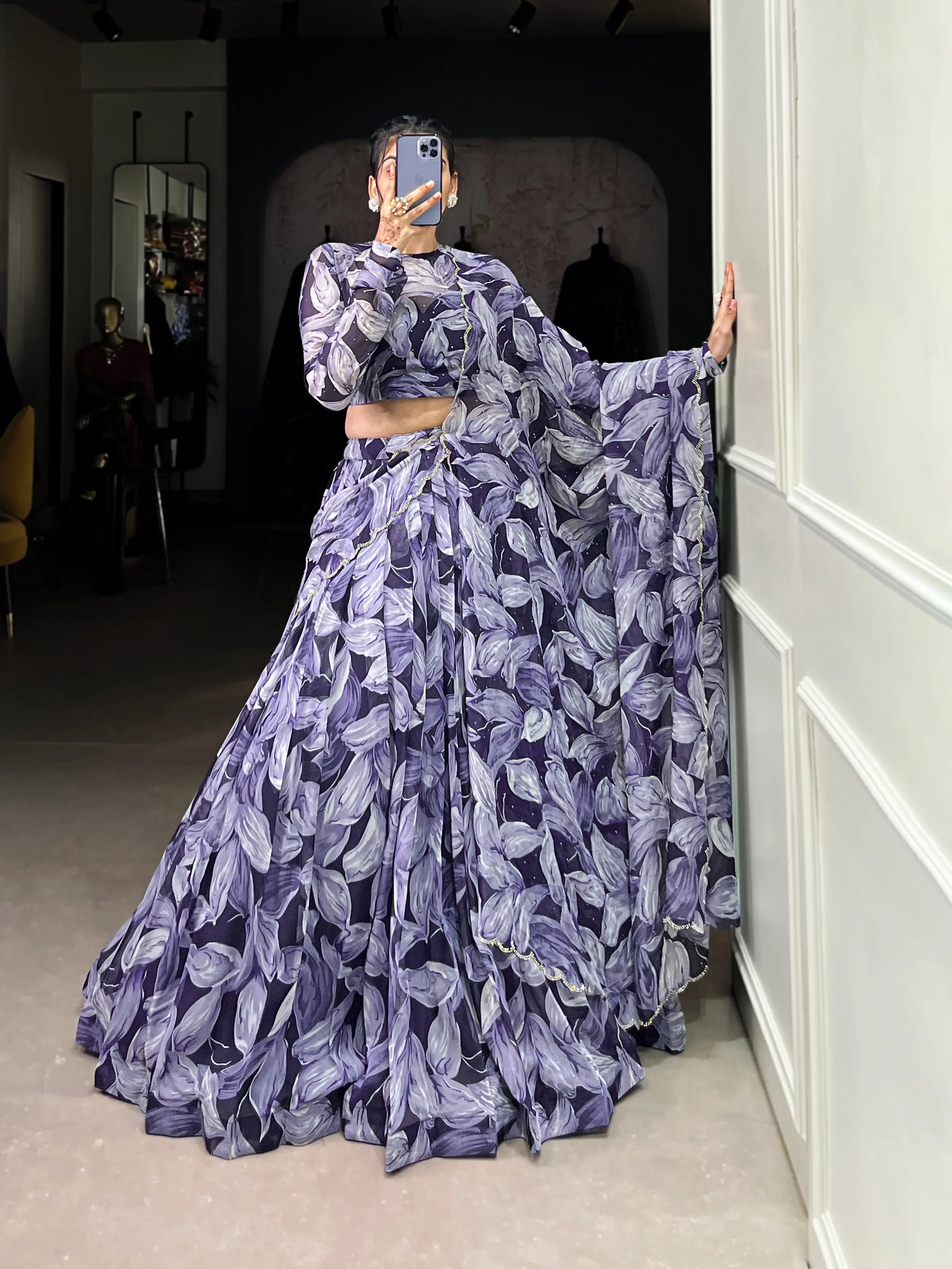 Navy Blue Tabby Silk Floral Printed Lehenga Choli | Ready To Wear - qivii