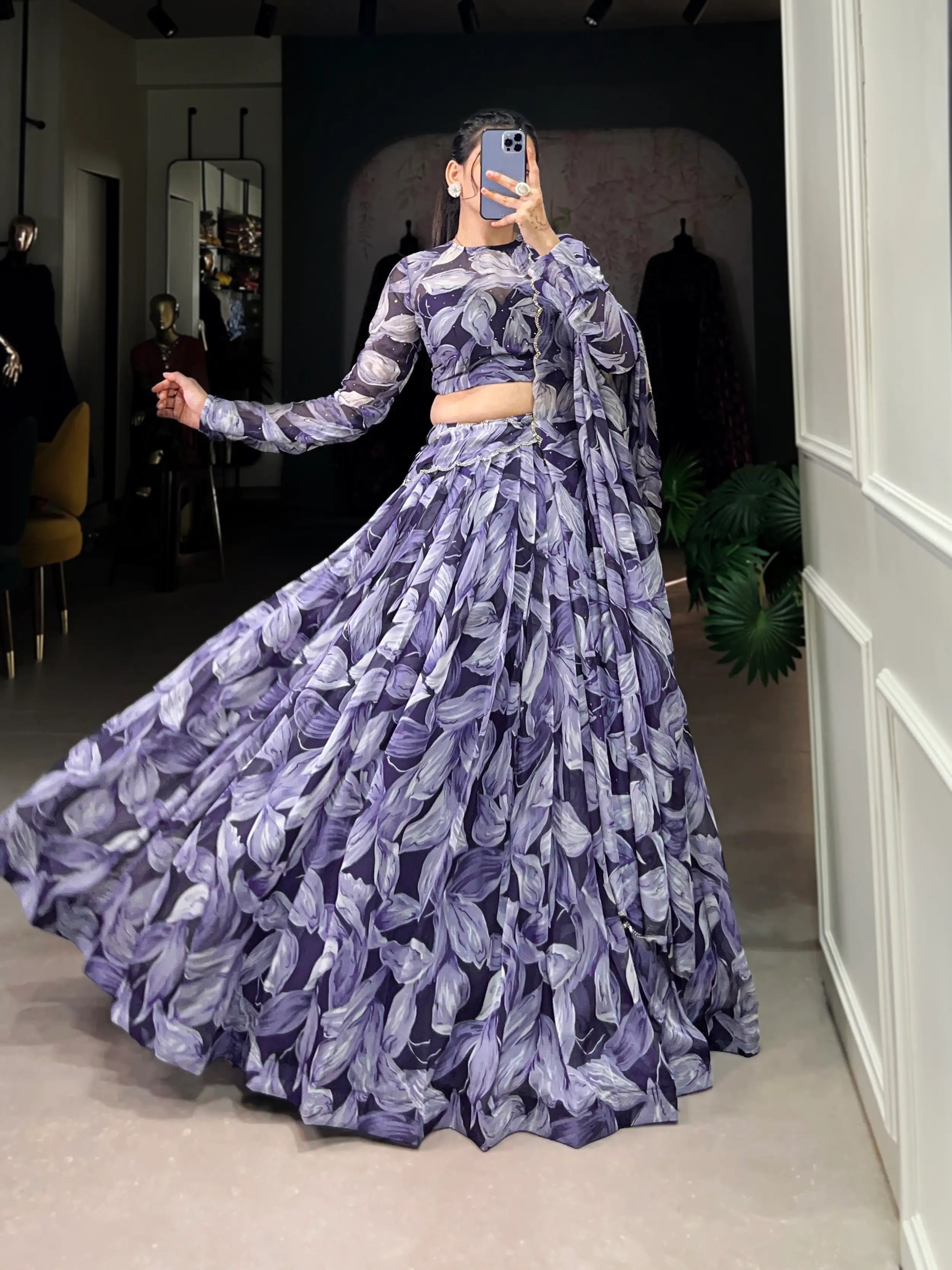 Navy Blue Tabby Silk Floral Printed Lehenga Choli | Ready To Wear - qivii