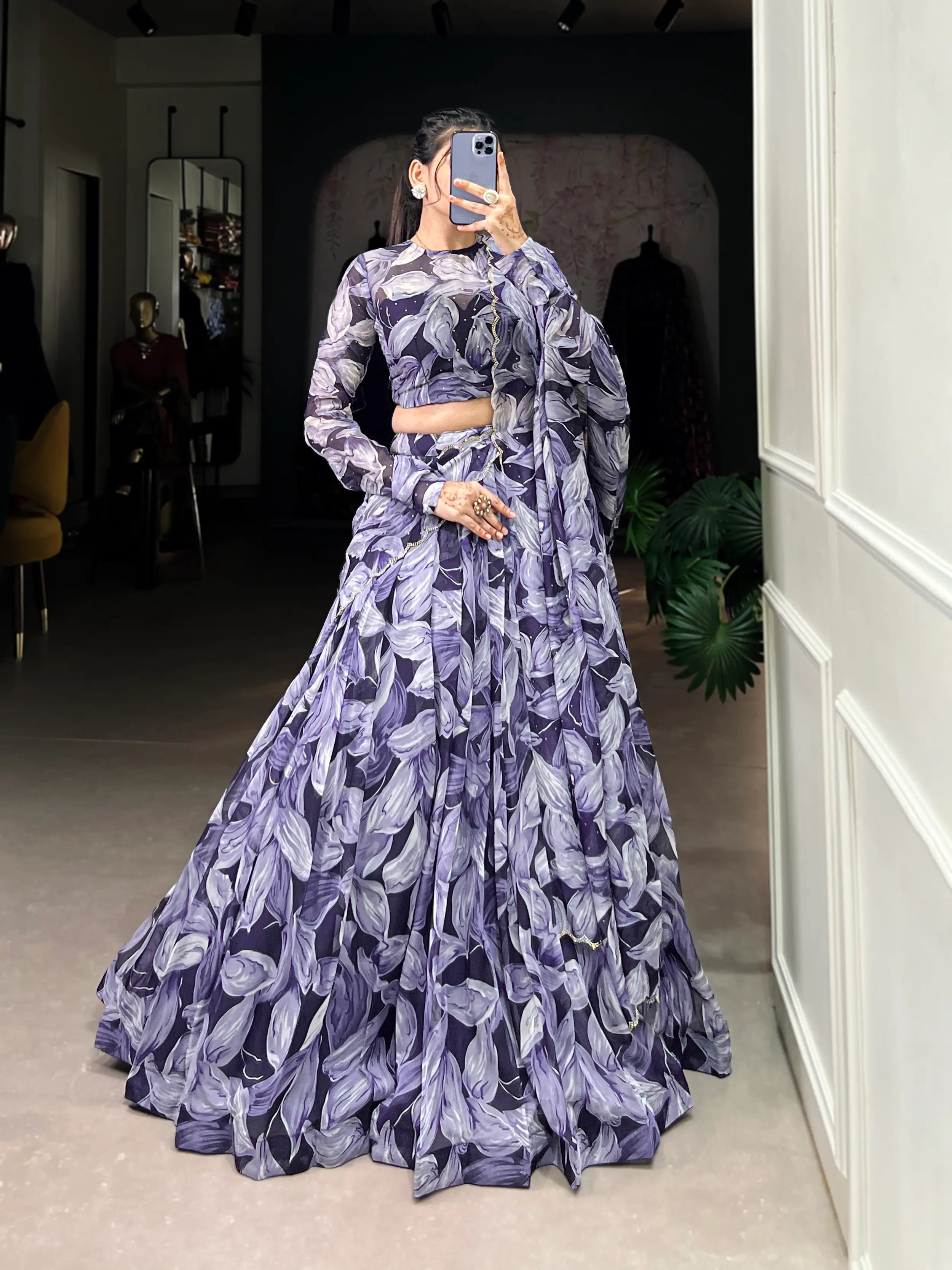 Navy Blue Tabby Silk Floral Printed Lehenga Choli | Ready To Wear - qivii