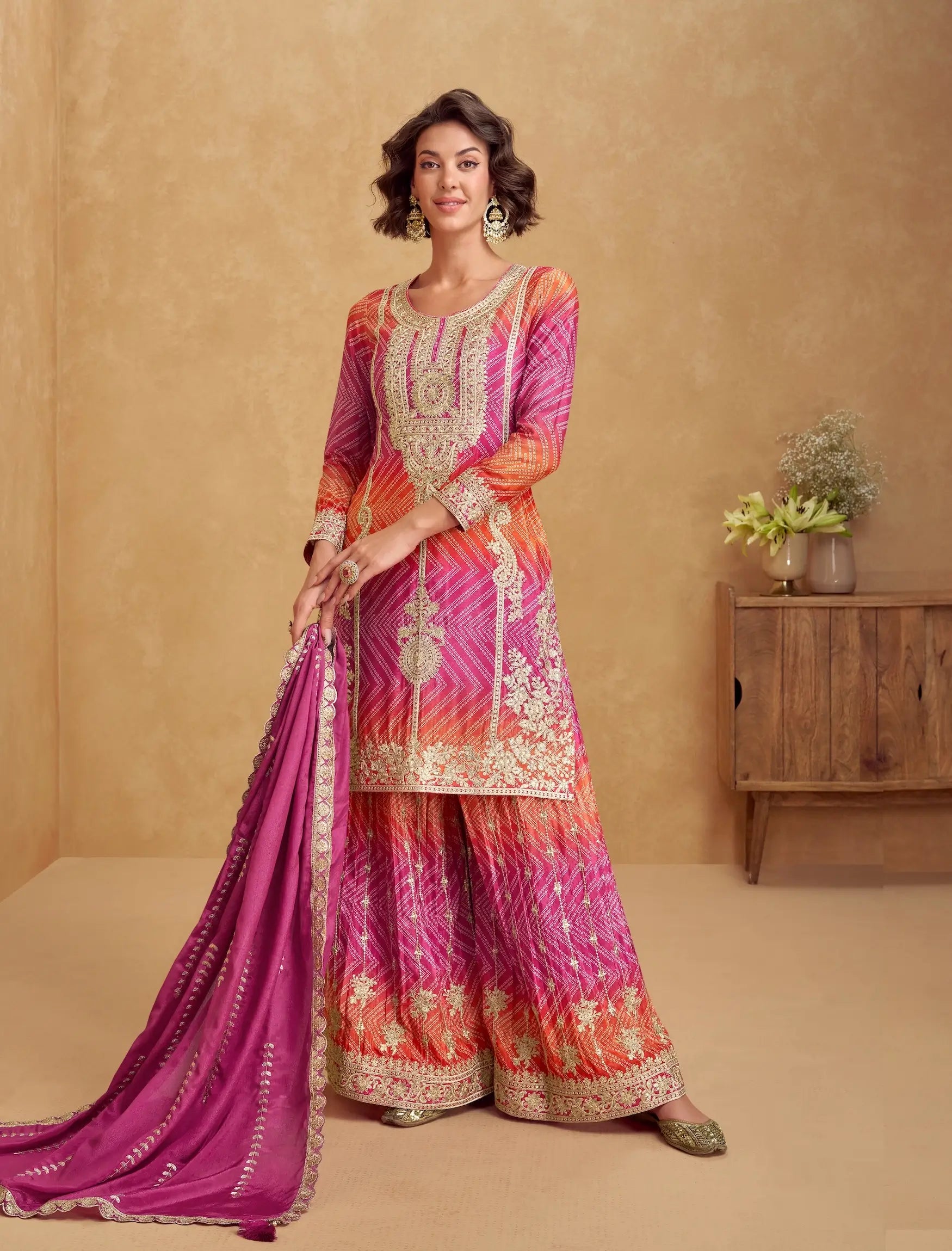 Pink Chinon Silk Printed & Embroidery Work Palazzo set - qivii