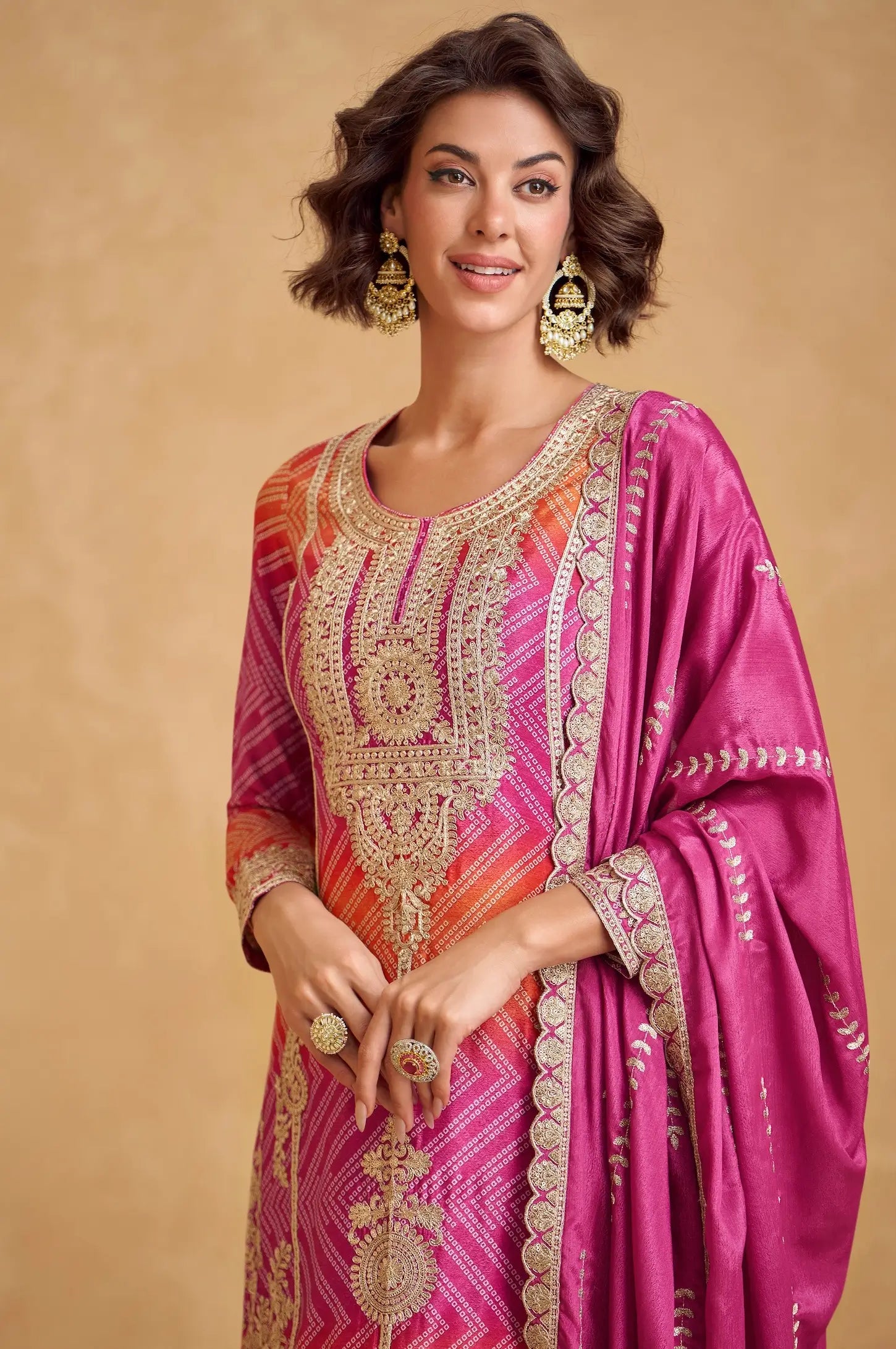 Pink Chinon Silk Printed & Embroidery Work Palazzo set - qivii